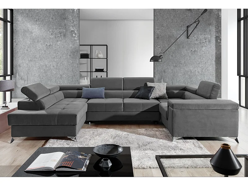 Donkergrijze fluwelen panoramische slaapbank met Triano opbergbox 342 cm-Opslagruimte naar links