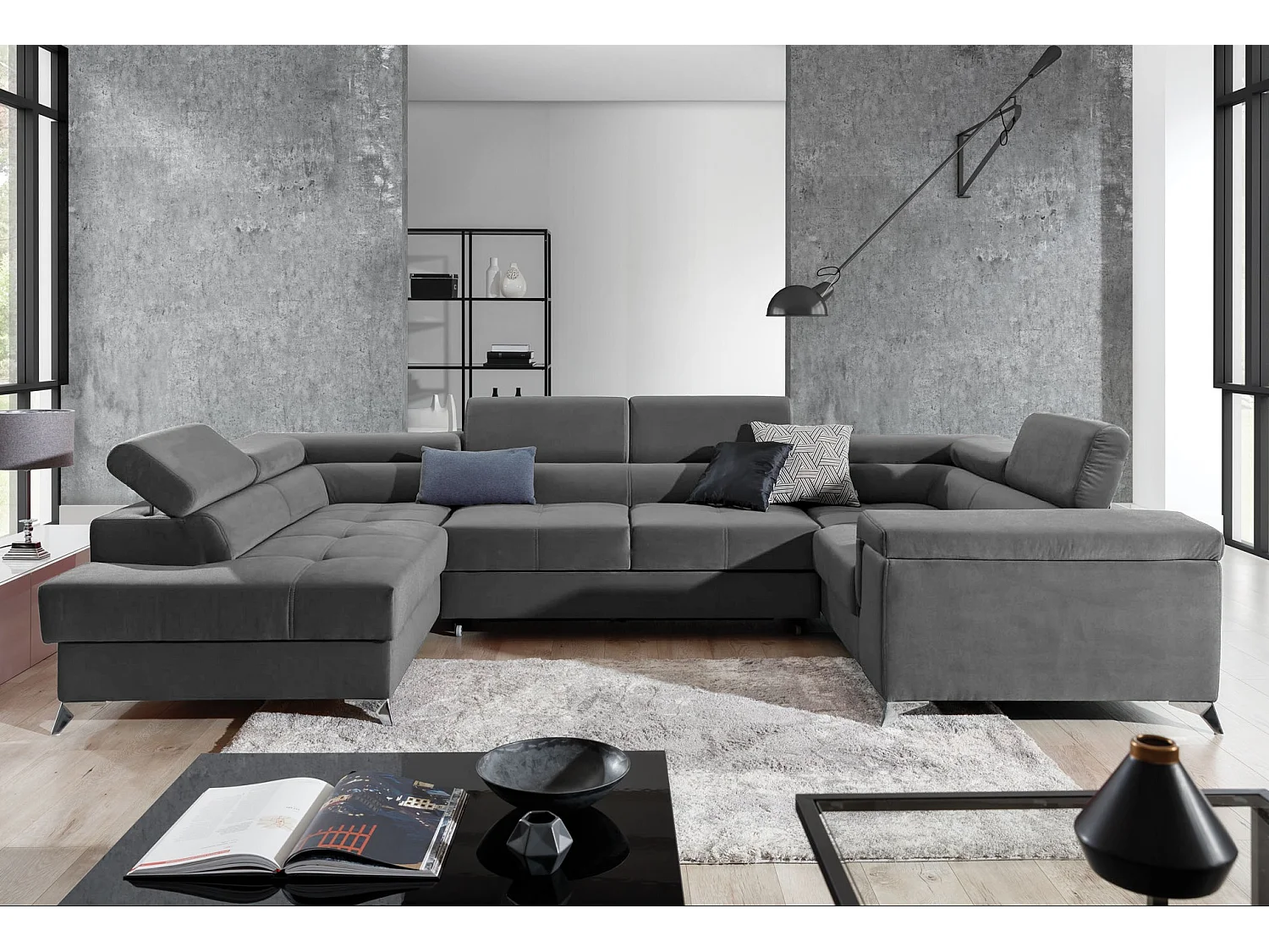 Canapé panoramique convertible velours gris foncé avec coffre de rangement Triano 342cm-Coffre de rangement à gauche