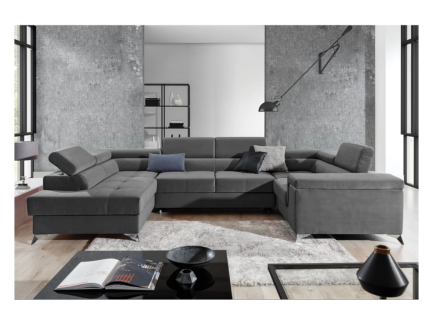 Canapé panoramique convertible velours gris foncé avec coffre de rangement Triano 342cm-Coffre de rangement à gauche