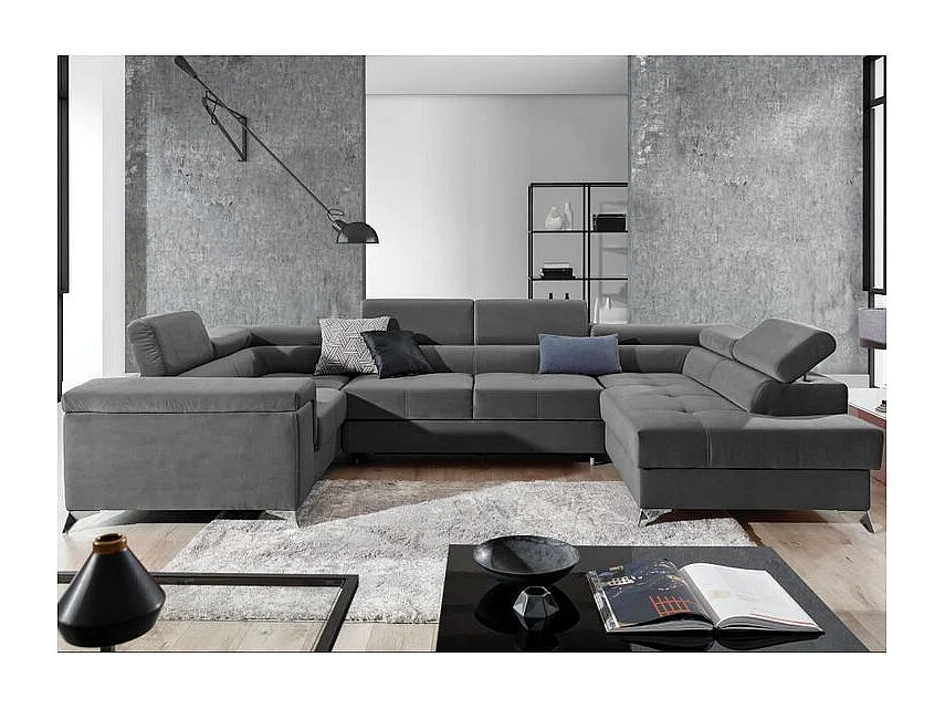 Canapé panoramique convertible TRIANO velours - têtières réglables-Gris foncé-Coffre à gauche