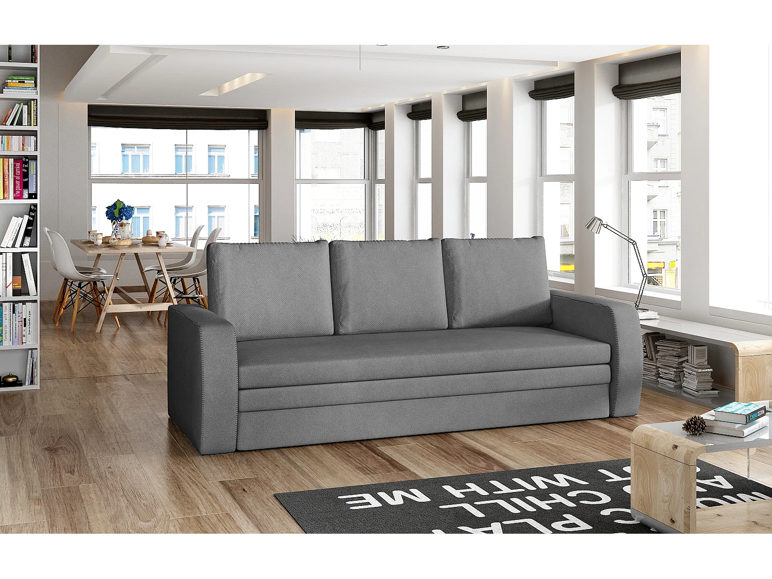 Canapé lit tissu gris avec coffre de rangement Liverna 220cm