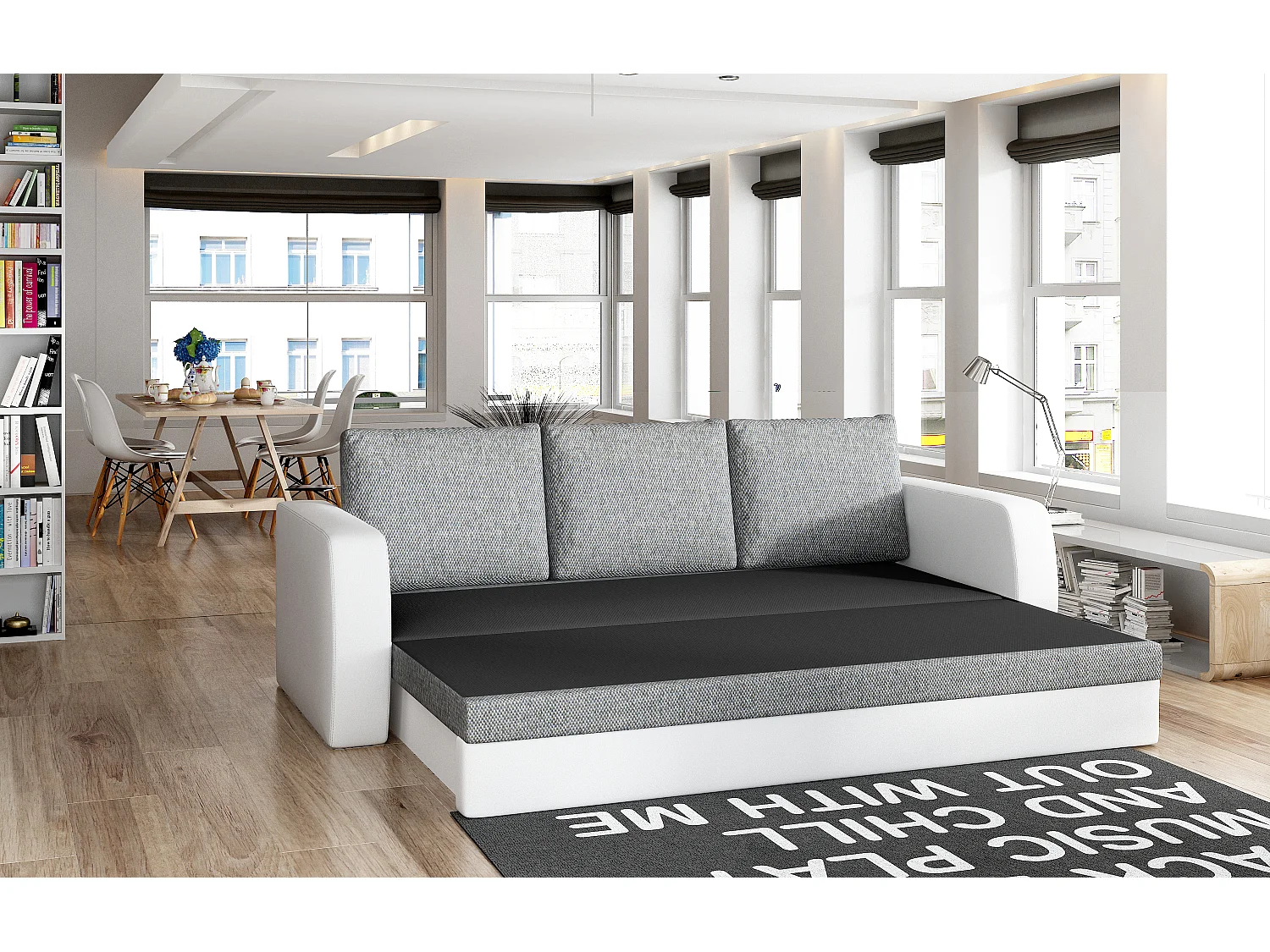 Canapé lit tissu gris avec coffre de rangement Liverna 220cm