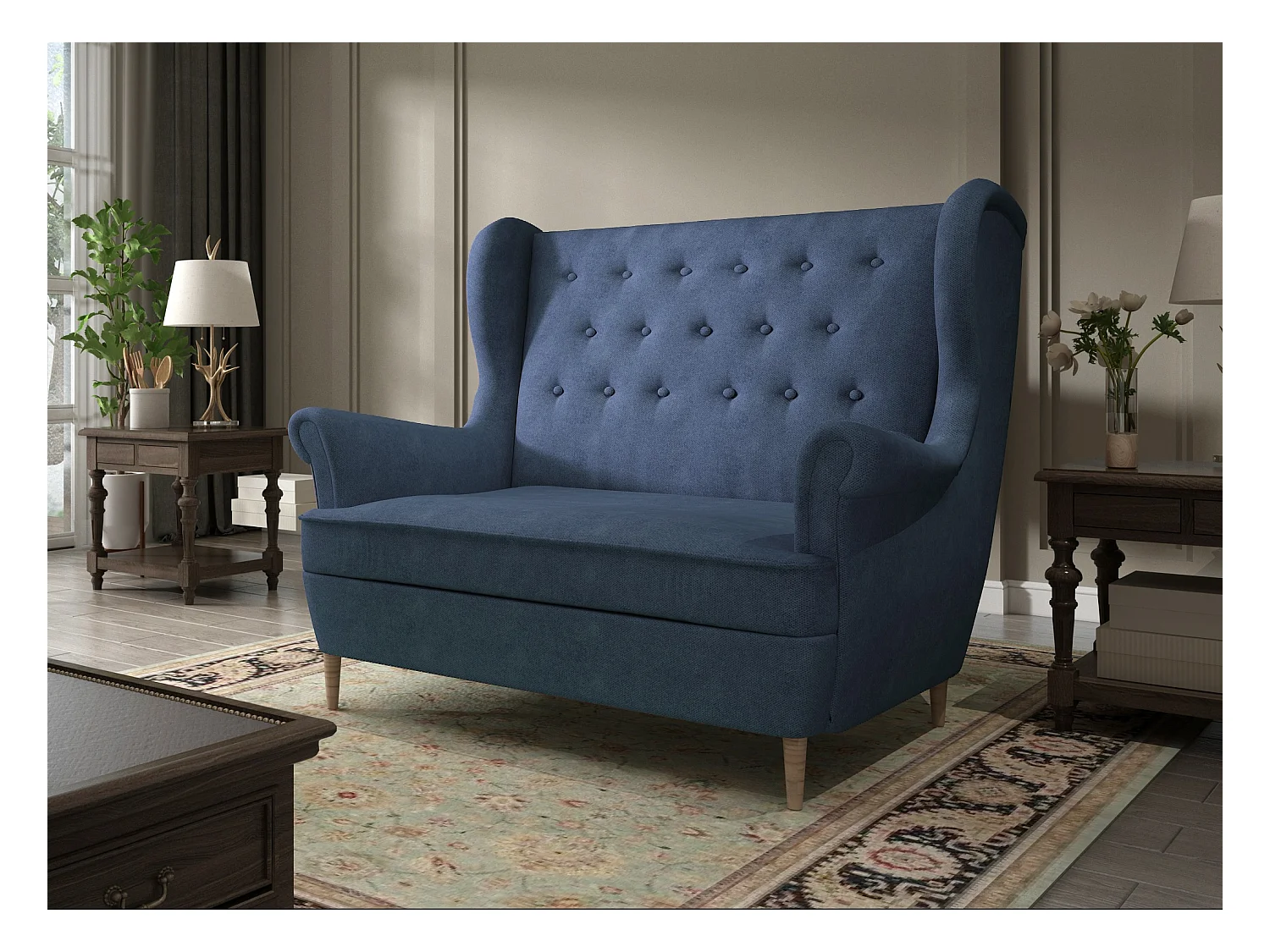 Canapé 2 places tissu bleu capitonné Lizzi 150cm