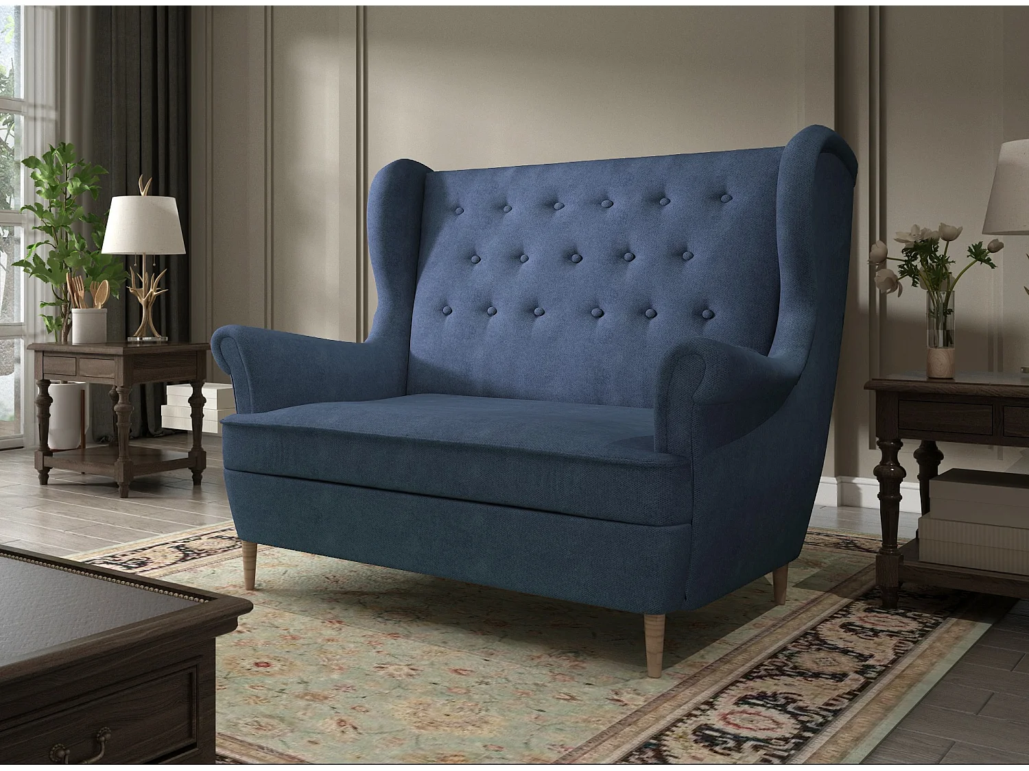 Lizzi 2-zits blauwe stoffen gecapitonneerde bank 150 cm