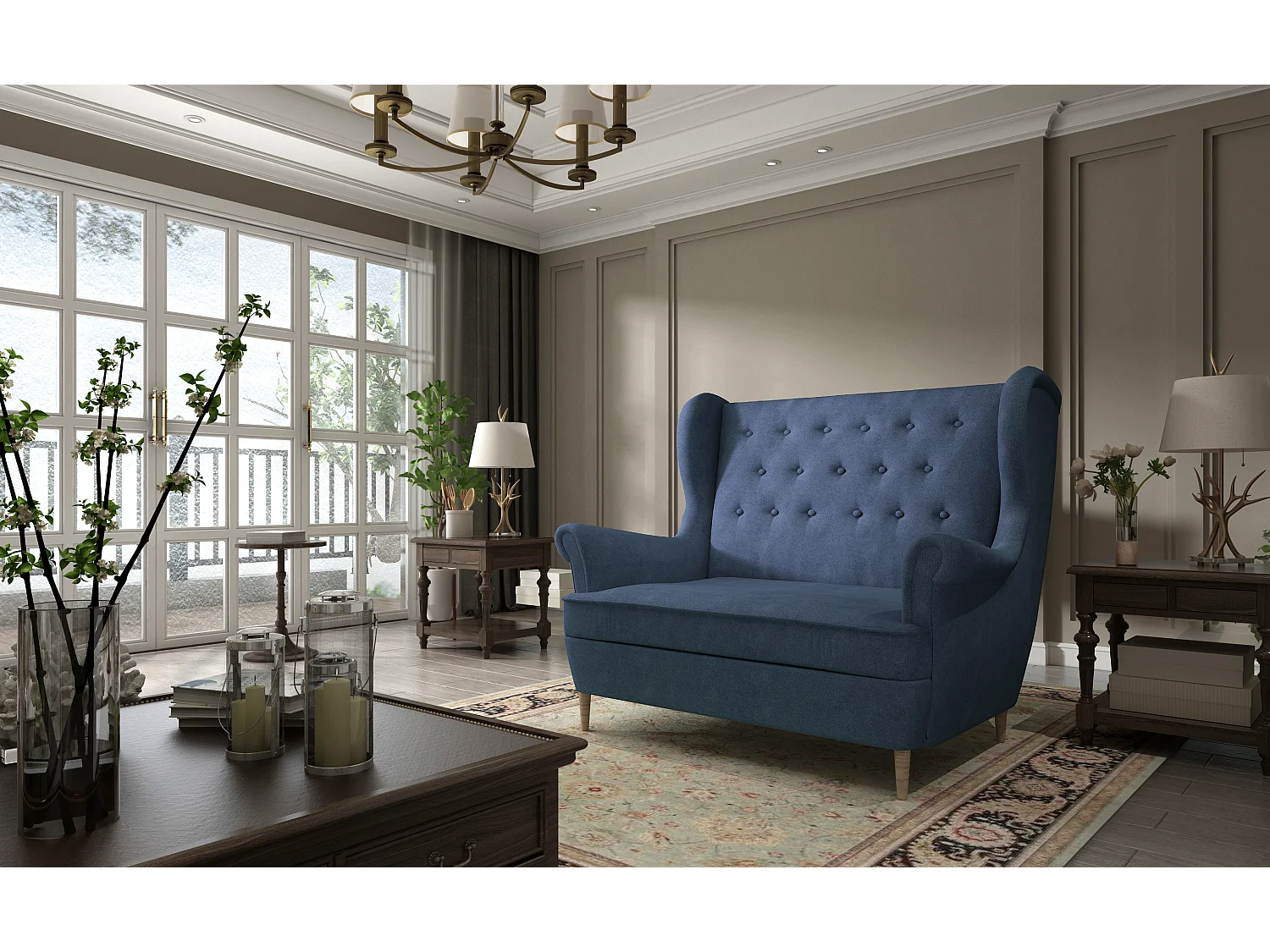 Lizzi 2-zits blauwe stoffen gecapitonneerde bank 150 cm