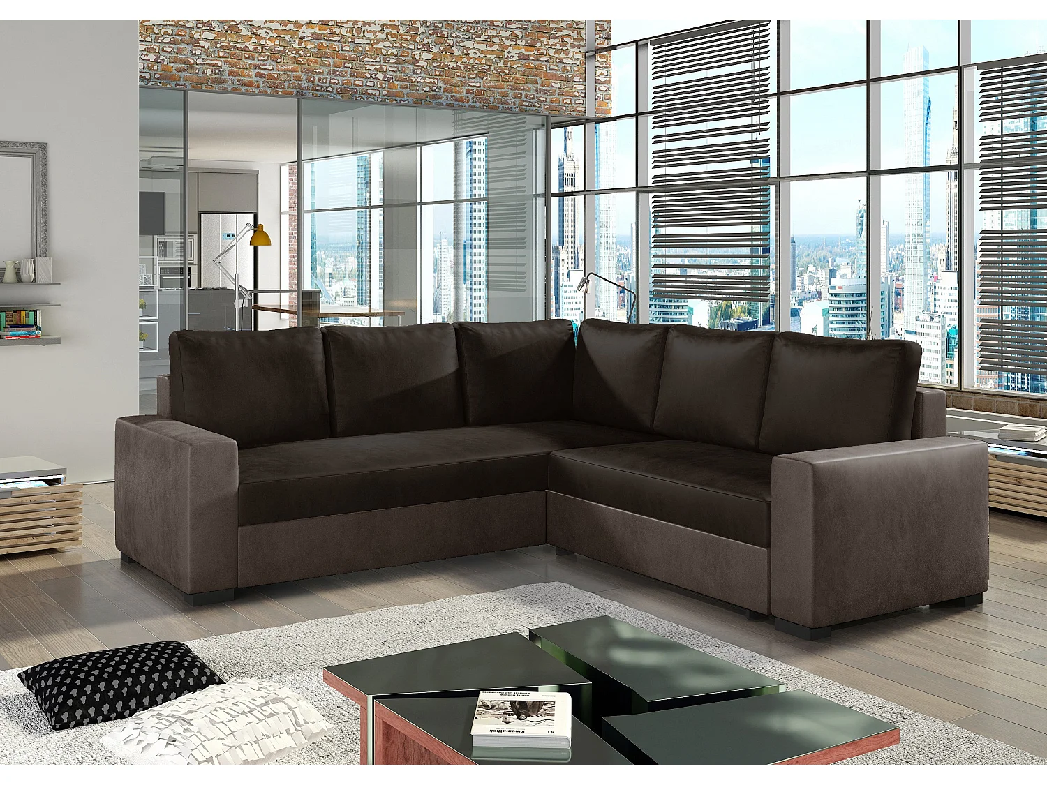 Canapé d'angle convertible velours marron foncé Travor 235cm