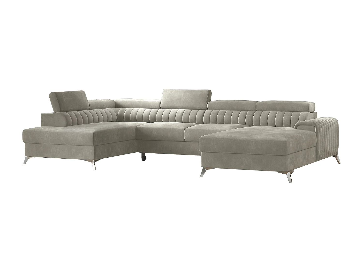 Canapé d'angle U velours beige coffre de rangement à gauche Kalante 347cm