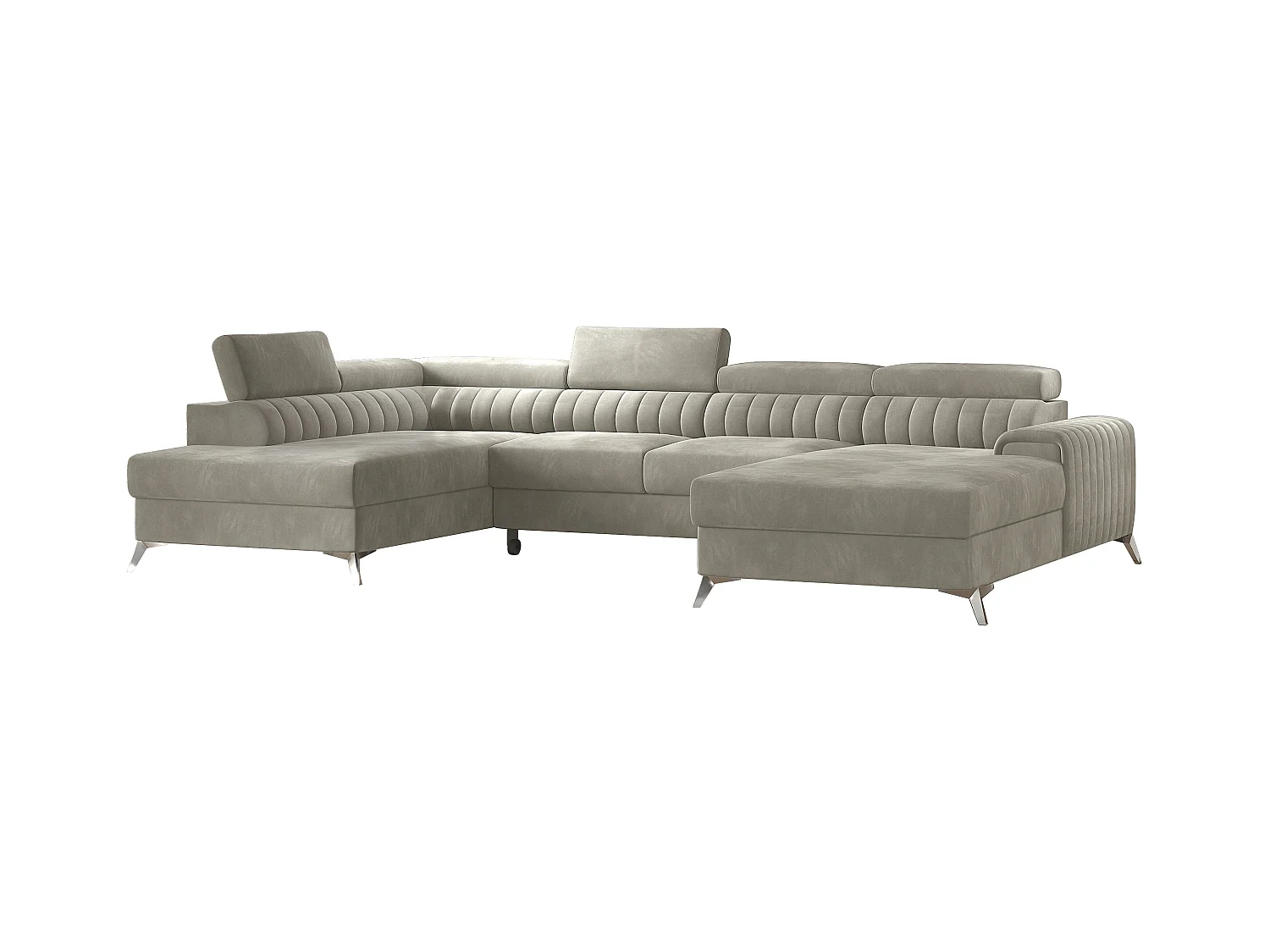Canapé d'angle U velours beige coffre de rangement à gauche Kalante 347cm