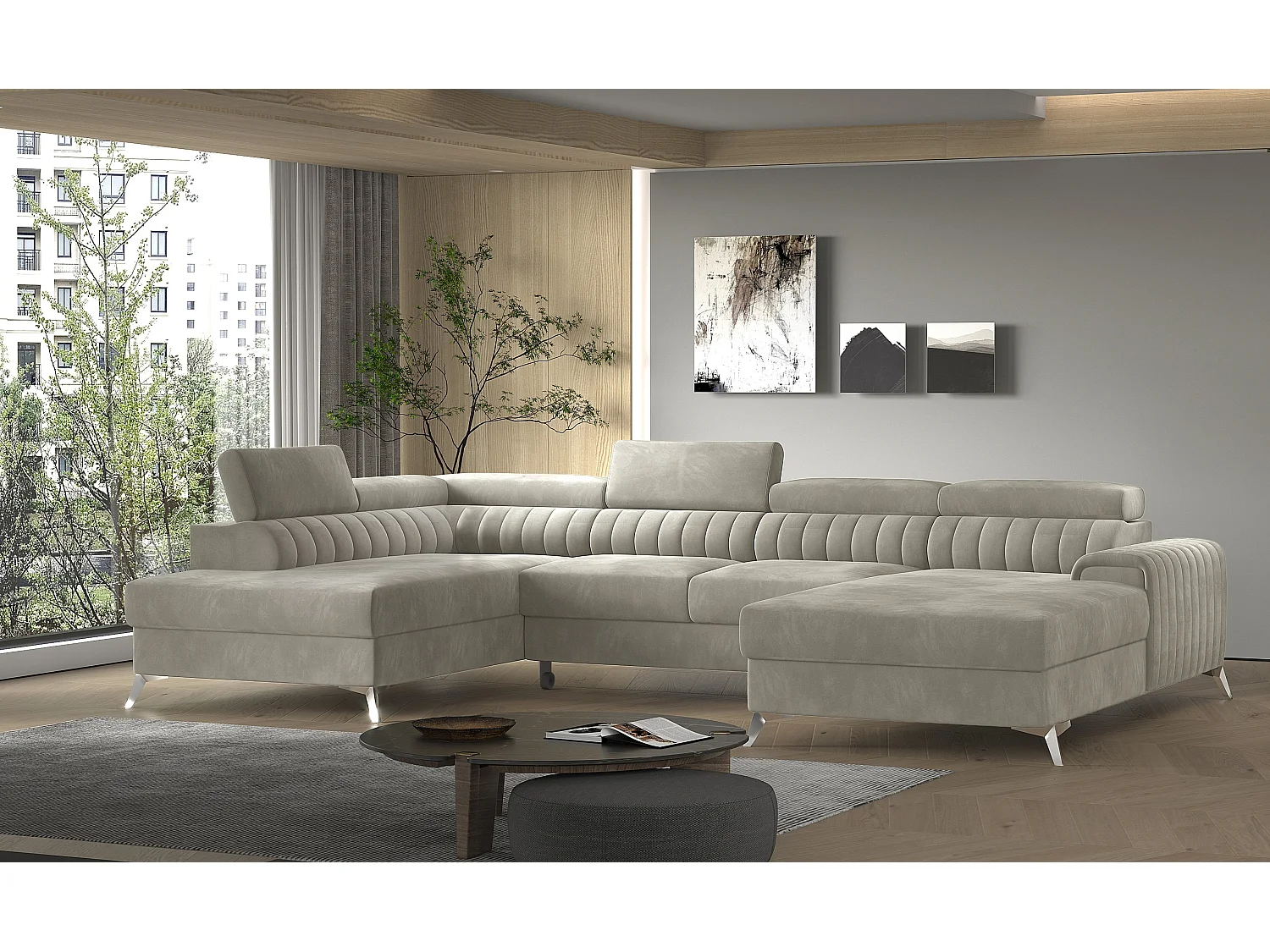 Canapé d'angle U velours beige coffre de rangement à gauche Kalante 347cm