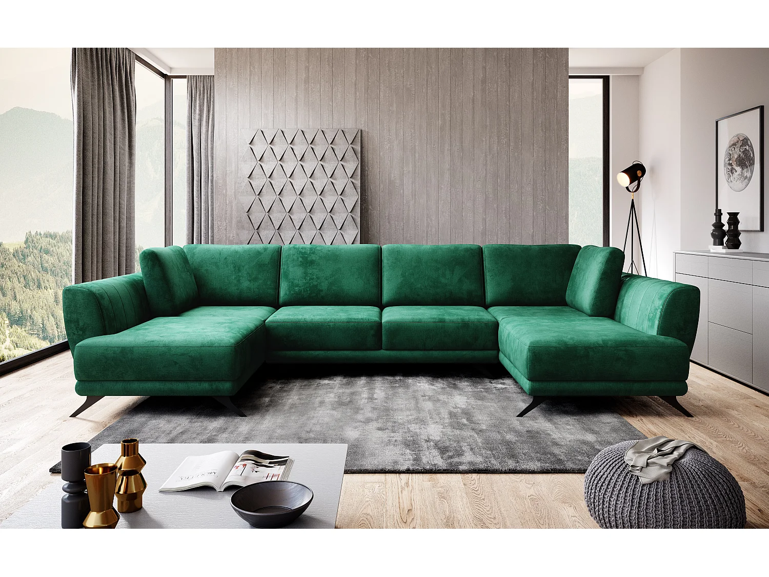 Canapé d'angle panoramique 6 places tissu vert Largos 362cm