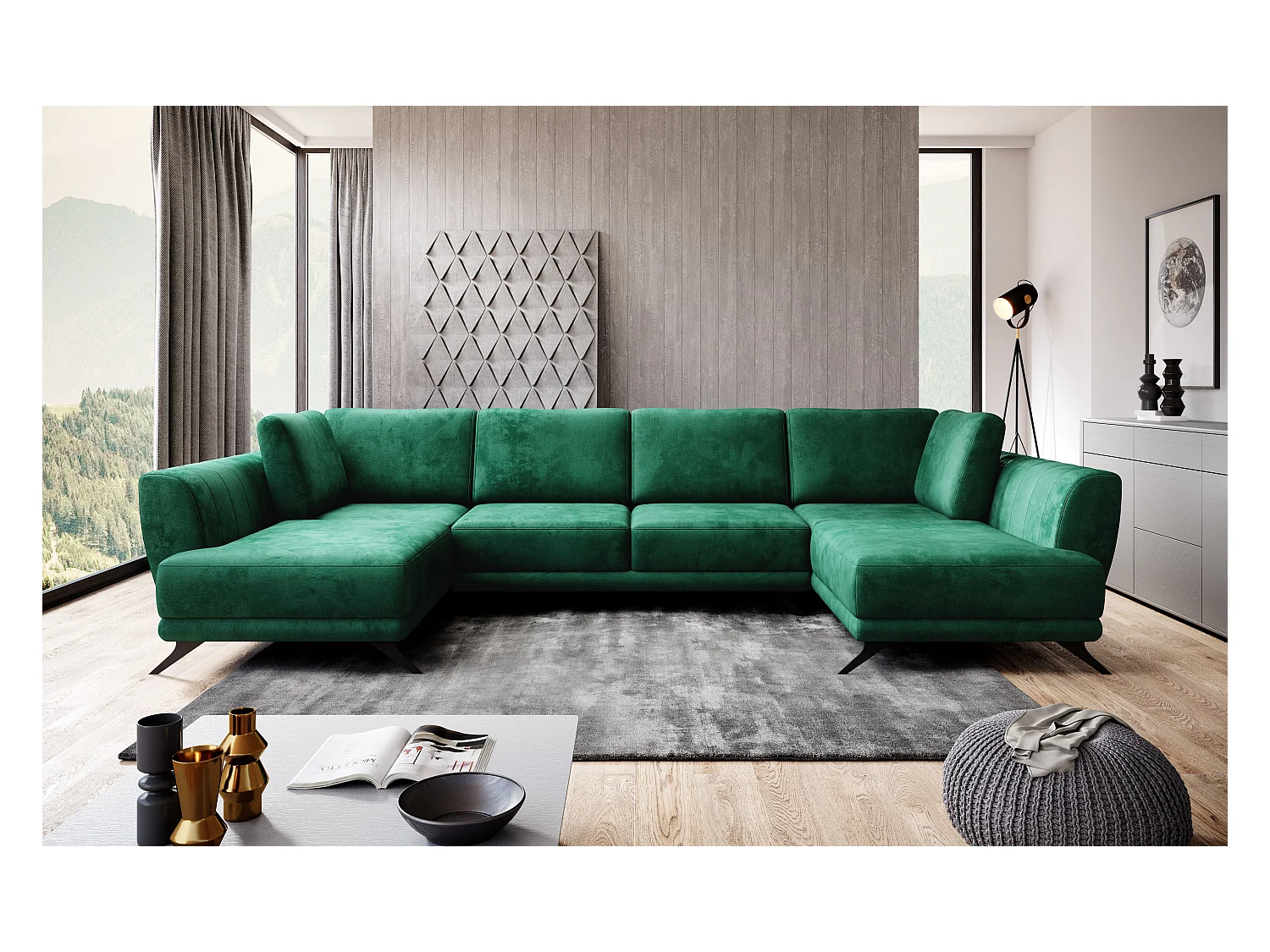 6-zits panoramische hoekbank groene stof Largos 362 cm