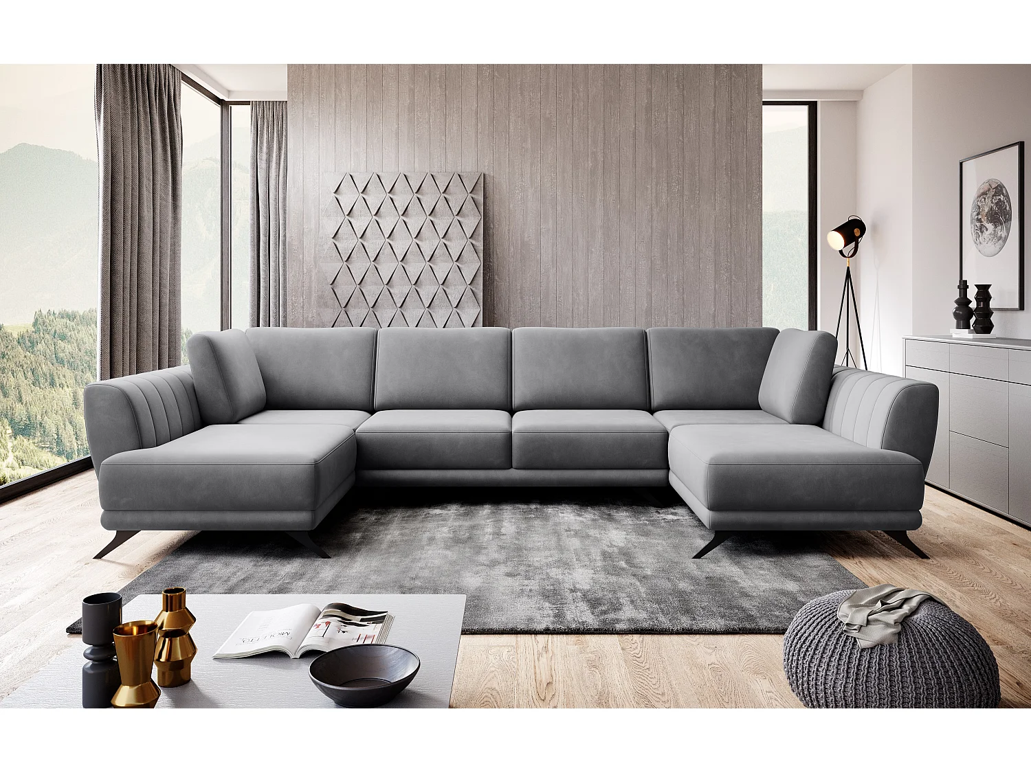 Canapé d'angle panoramique 6 places velours gris Largos 362cm