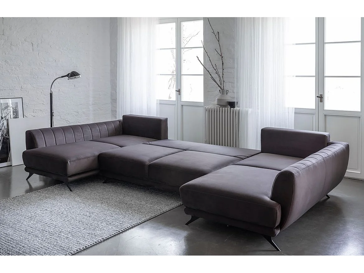 Canapé d'angle panoramique 6 places velours gris Largos 362cm