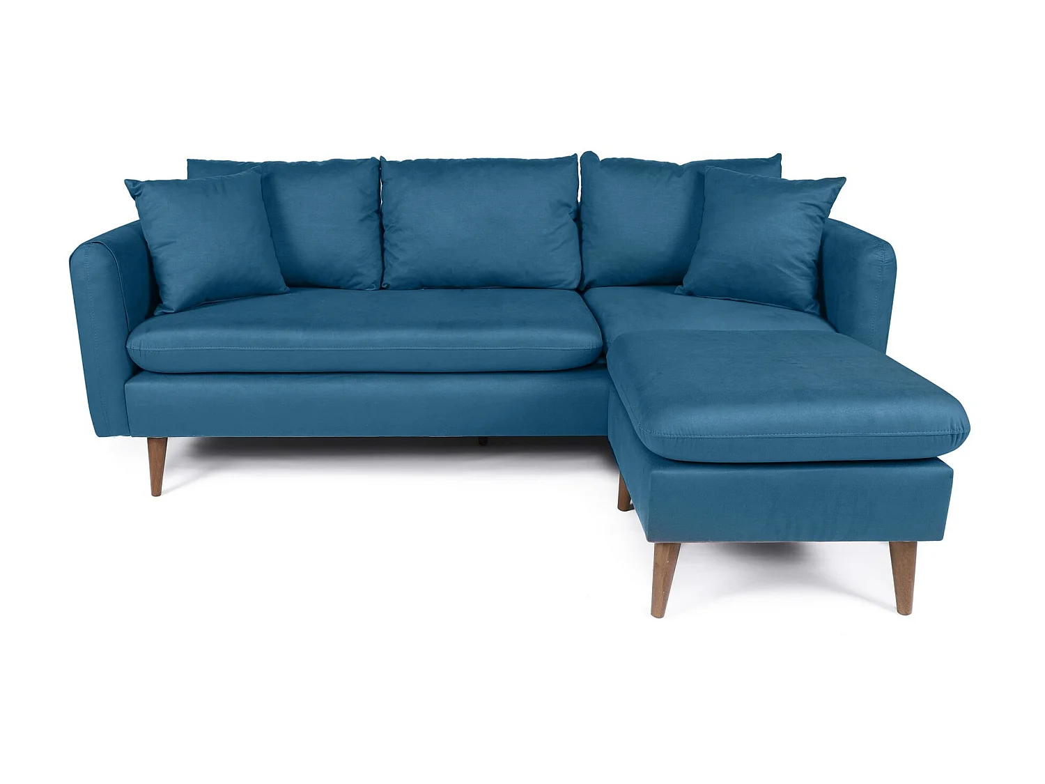 Canapé d'angle droit tissu bleu canard avec pieds en bois naturel Rival 215cm