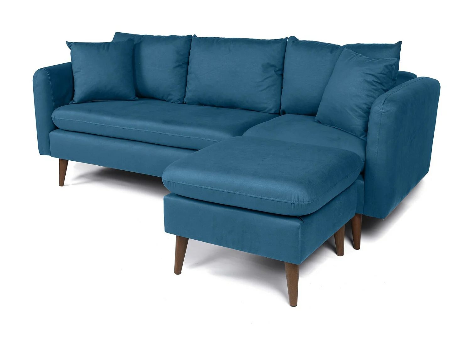 Canapé d'angle droit tissu bleu canard avec pieds en bois naturel Rival 215cm