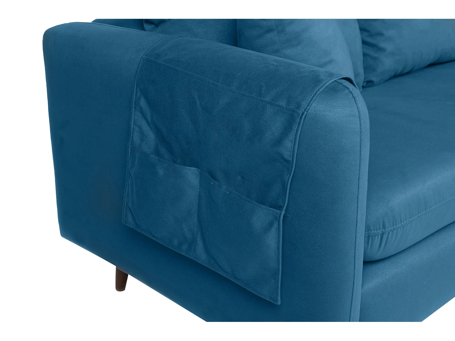 Canapé d'angle droit tissu bleu canard avec pieds en bois naturel Rival 215cm