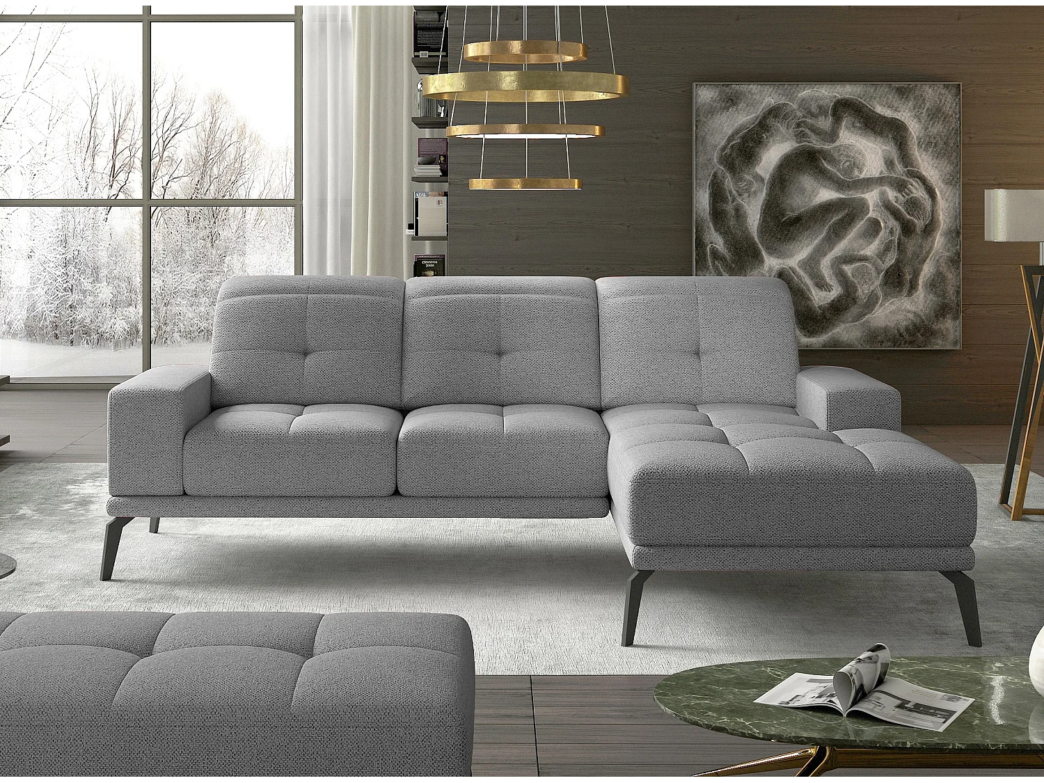 Canapé d'angle droit 5 places tissu gris clair Torpille 265cm