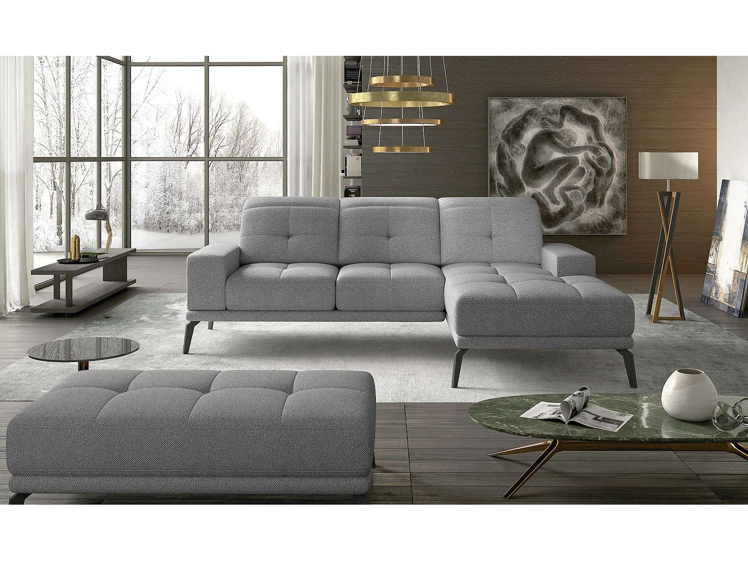 Canapé d'angle droit 5 places tissu gris clair Torpille 265cm