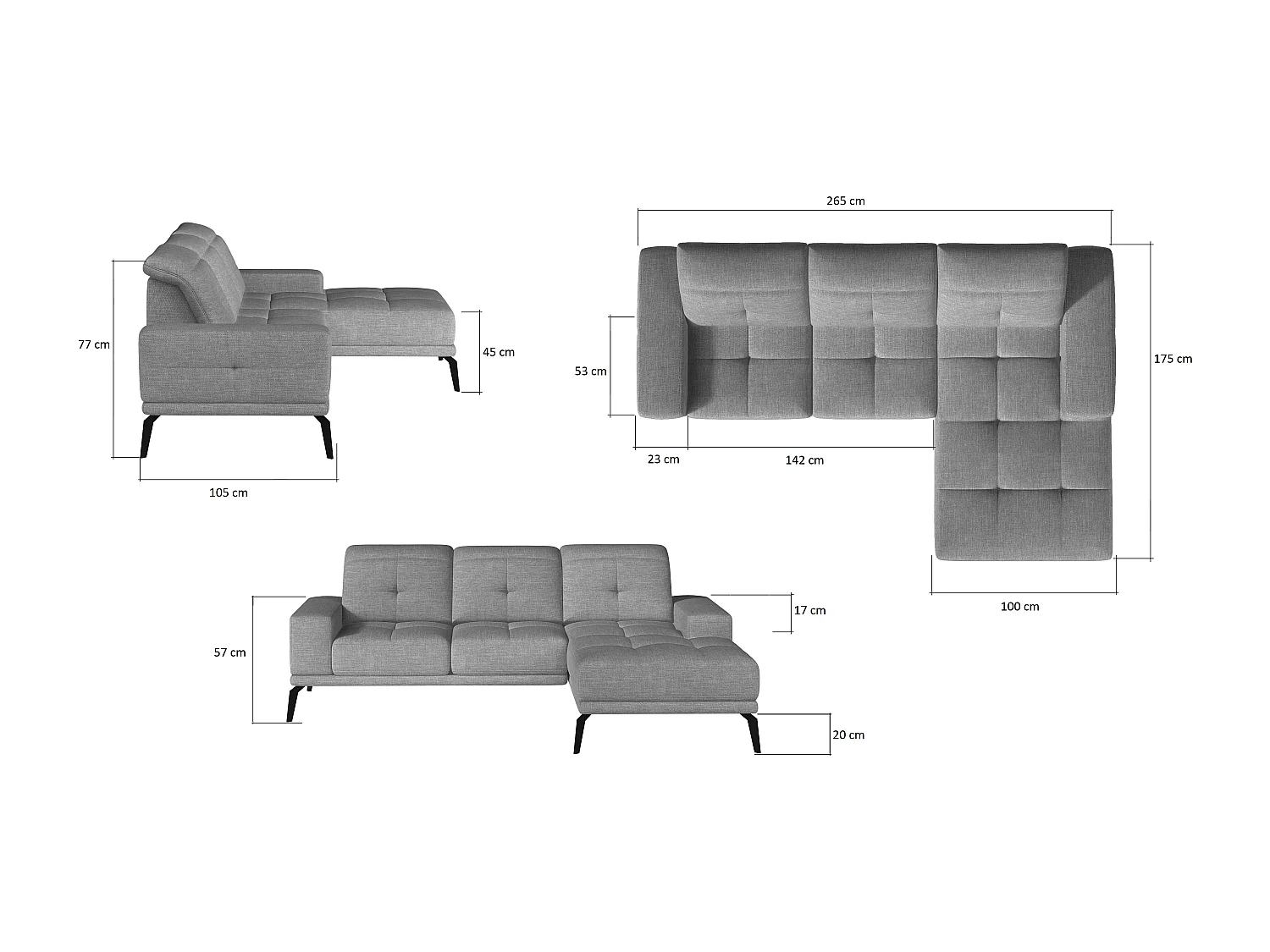 Canapé d'angle droit 5 places tissu gris clair Torpille 265cm