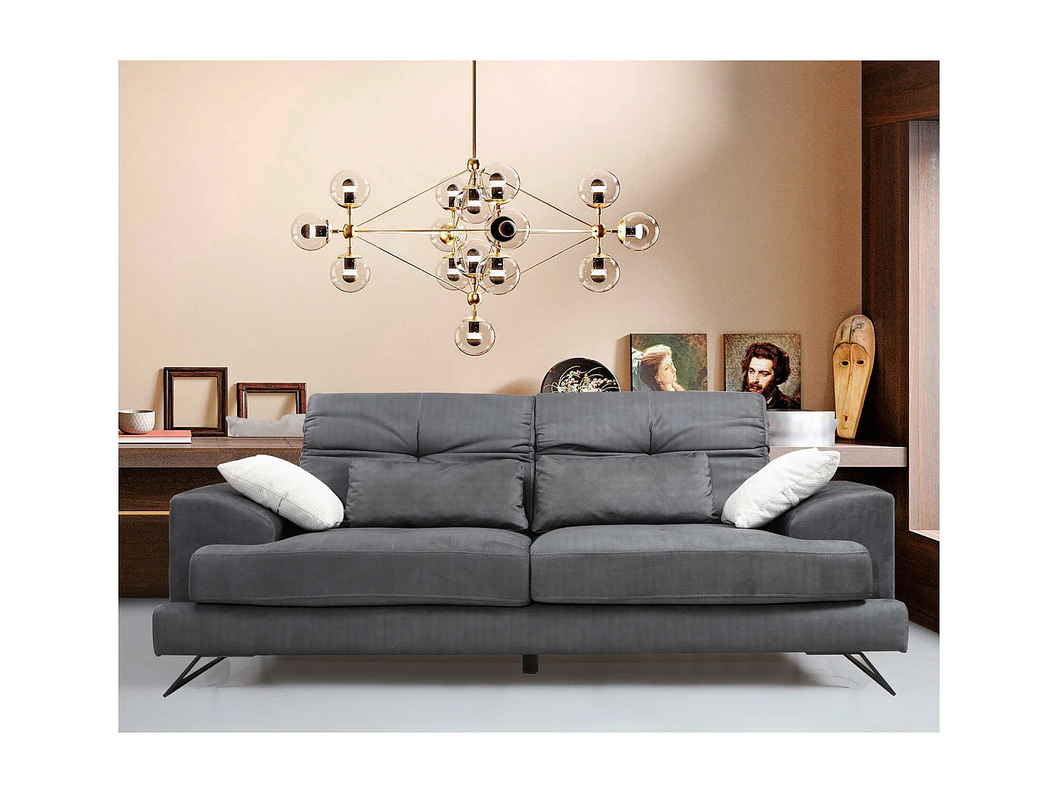 Canapé 2 places velours anthracite avec têtières relevables et pieds metal noir Briko 185cm