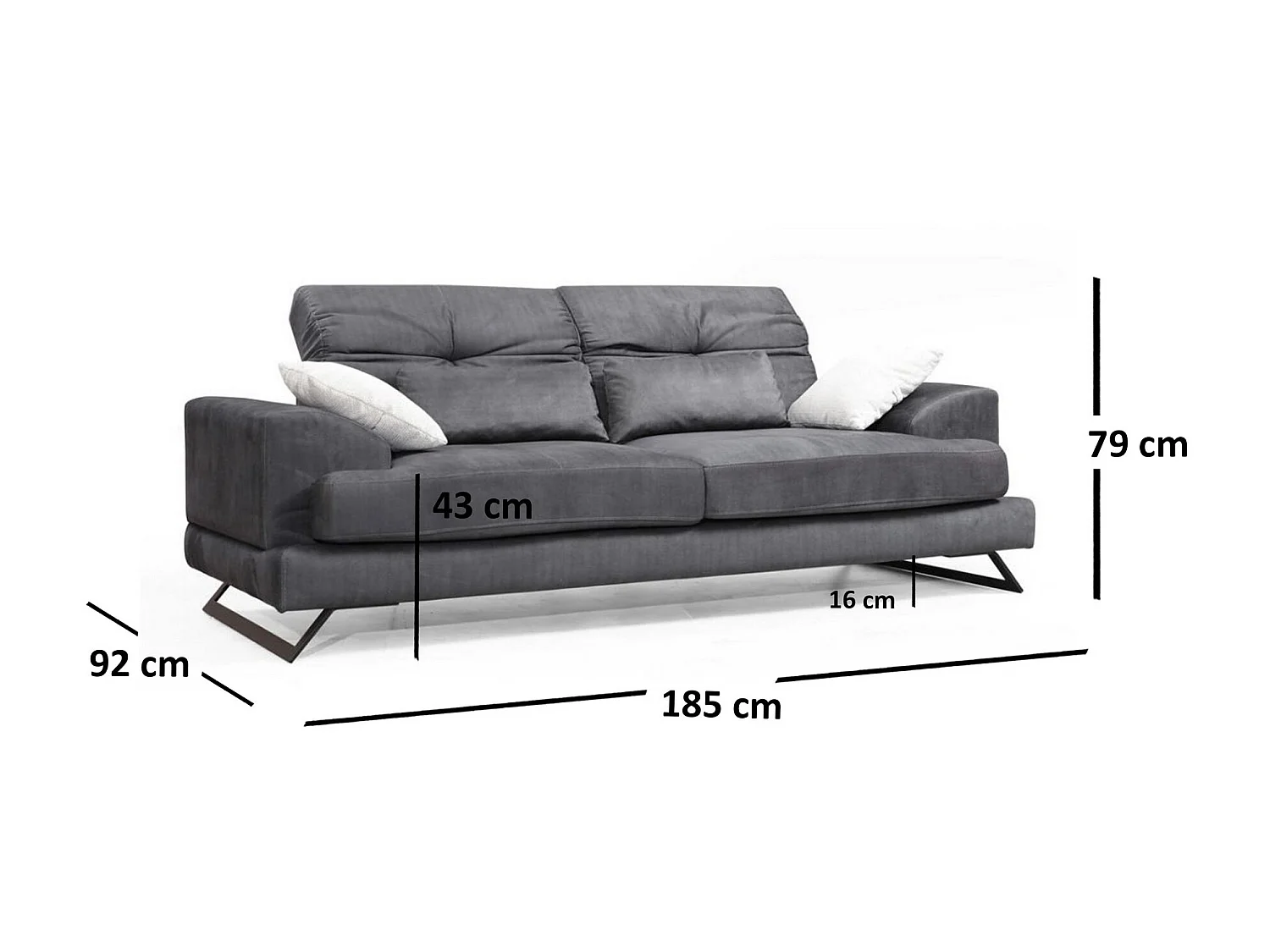 Canapé 2 places velours anthracite avec têtières relevables et pieds metal noir Briko 185cm