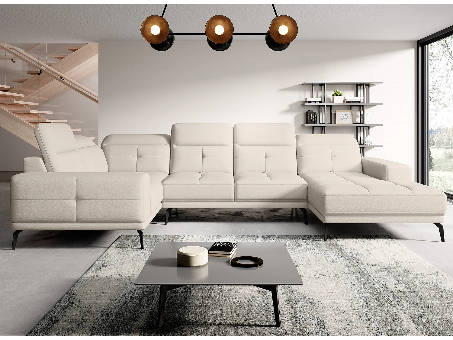 Design panoramische bank in crème imitatieleer hoofdsteunen linkerhoek met Stan armleuning 350 cm