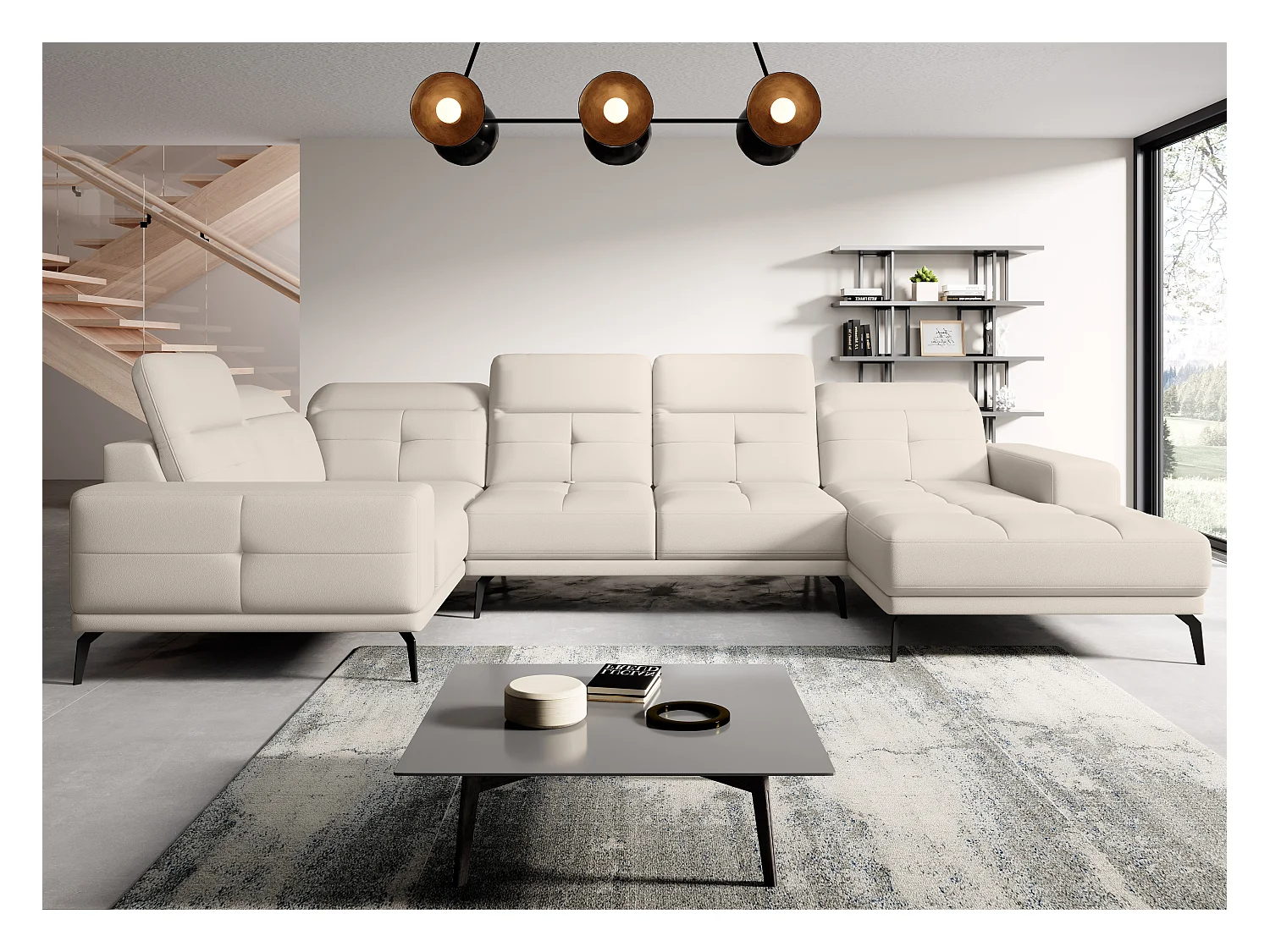 Canapé panoramique design simili cuir crème têtières angle gauche avec accoudoir Stan 350cm