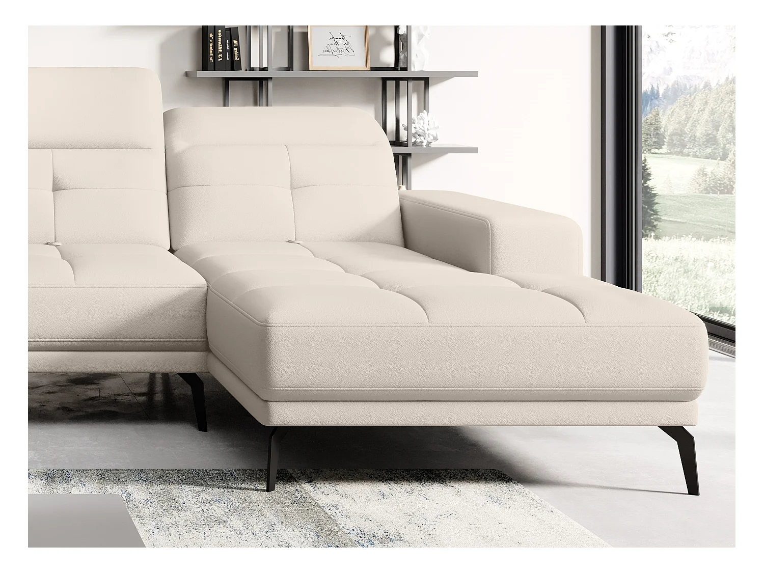 Canapé panoramique design simili cuir crème têtières angle gauche avec accoudoir Stan 350cm