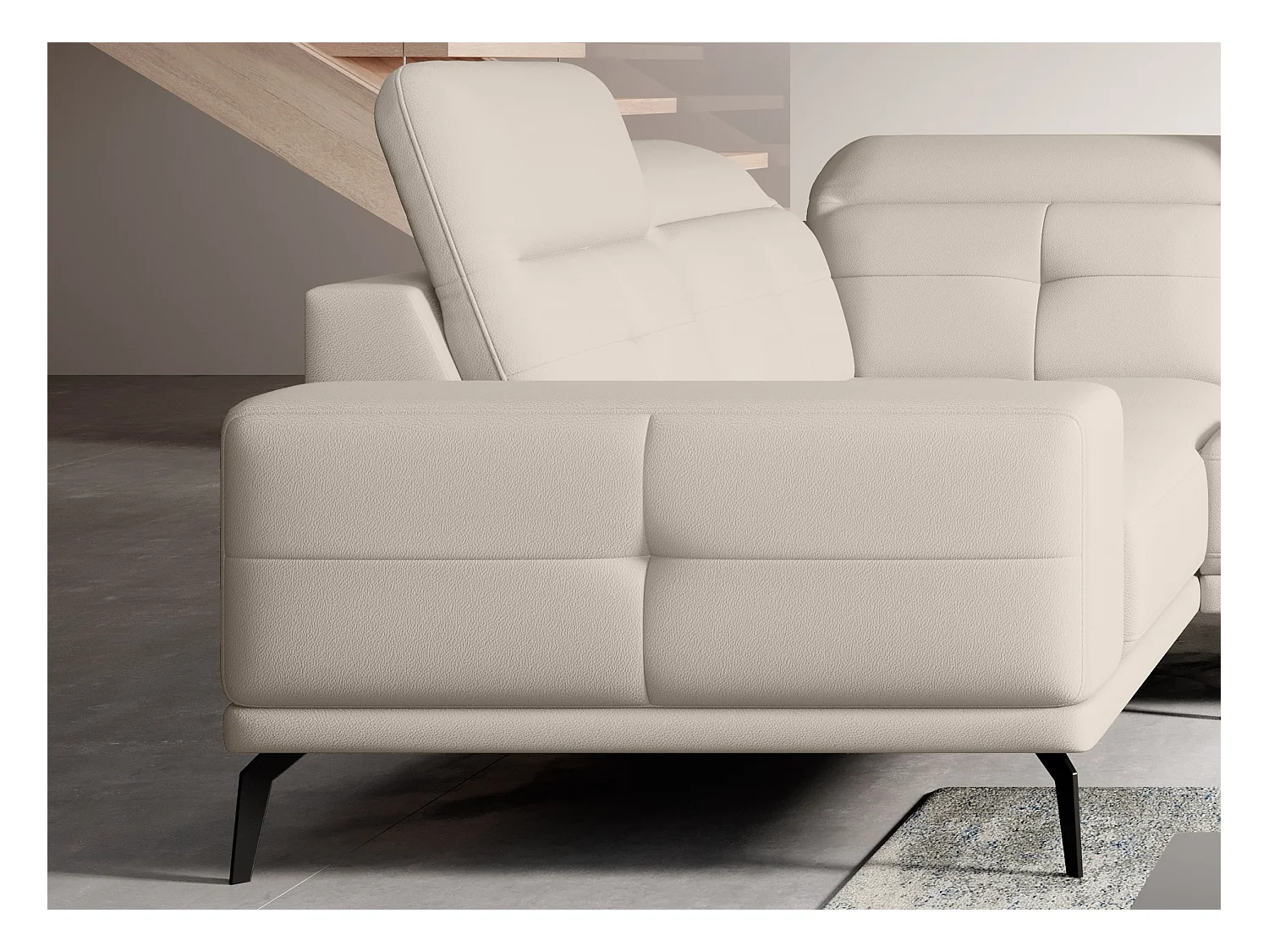 Canapé panoramique design simili cuir crème têtières angle gauche avec accoudoir Stan 350cm