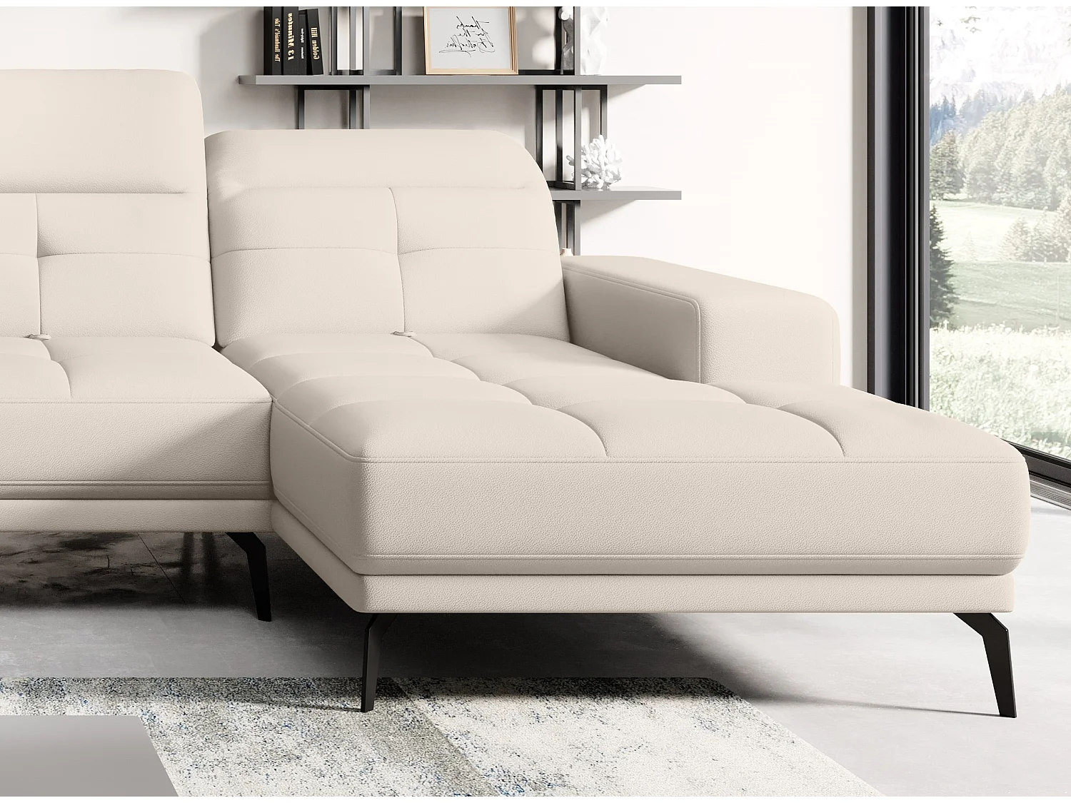 Design panoramische bank in crème imitatieleer hoofdsteunen linkerhoek met Stan armleuning 350 cm