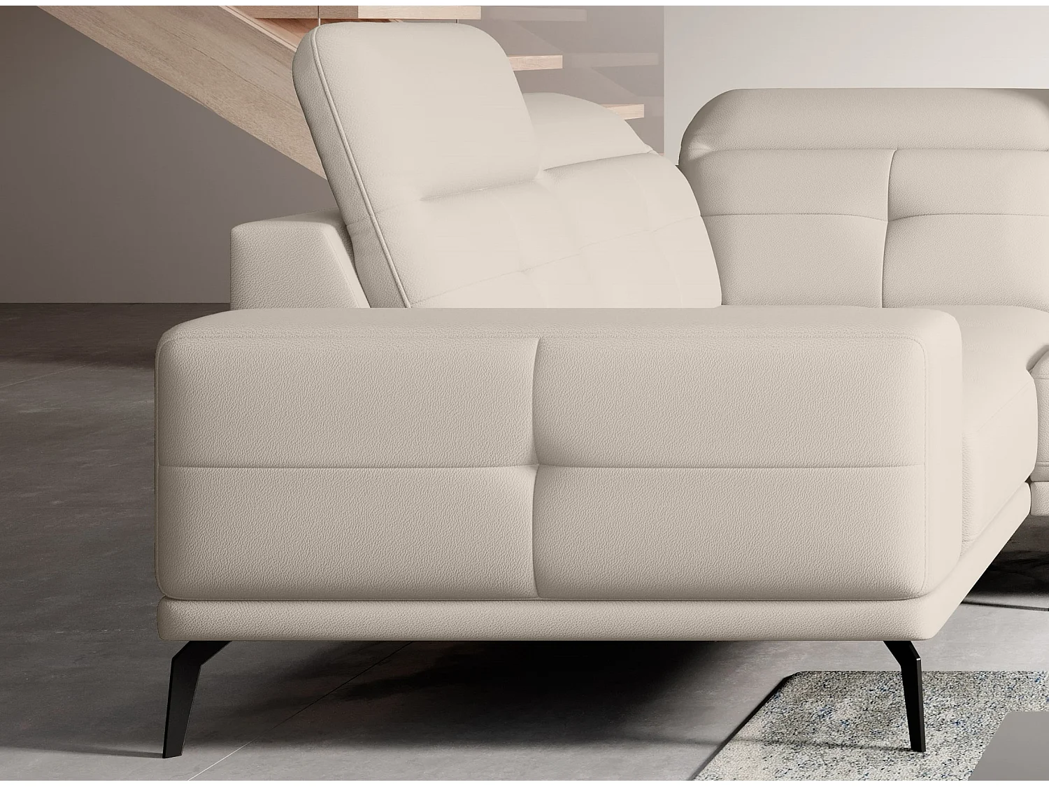 Design panoramische bank in crème imitatieleer hoofdsteunen linkerhoek met Stan armleuning 350 cm