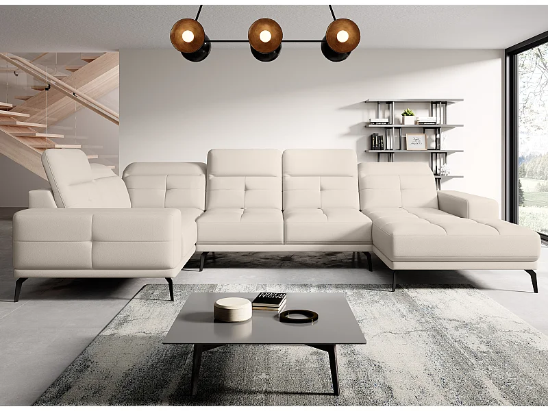 Canapé panoramique design simili cuir crème têtières angle gauche avec accoudoir Stan 350cm