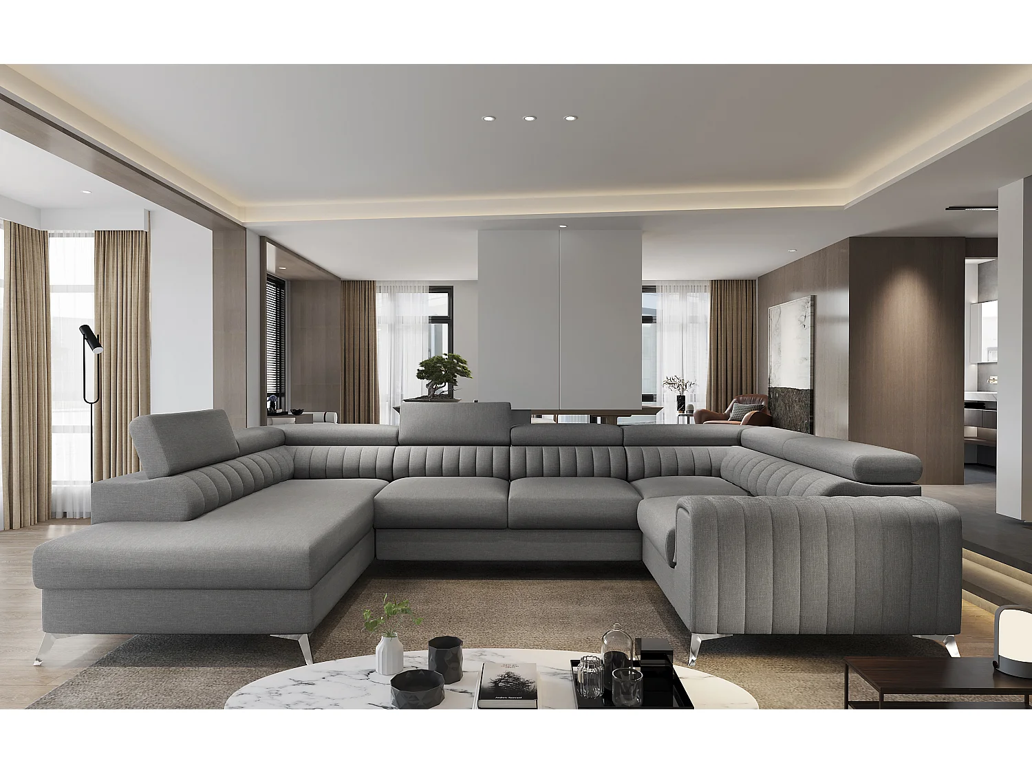 Canapé panoramique convertible LOUVE tissu - Rangement et têtières réglables-Gris foncé-Coffre à gauche