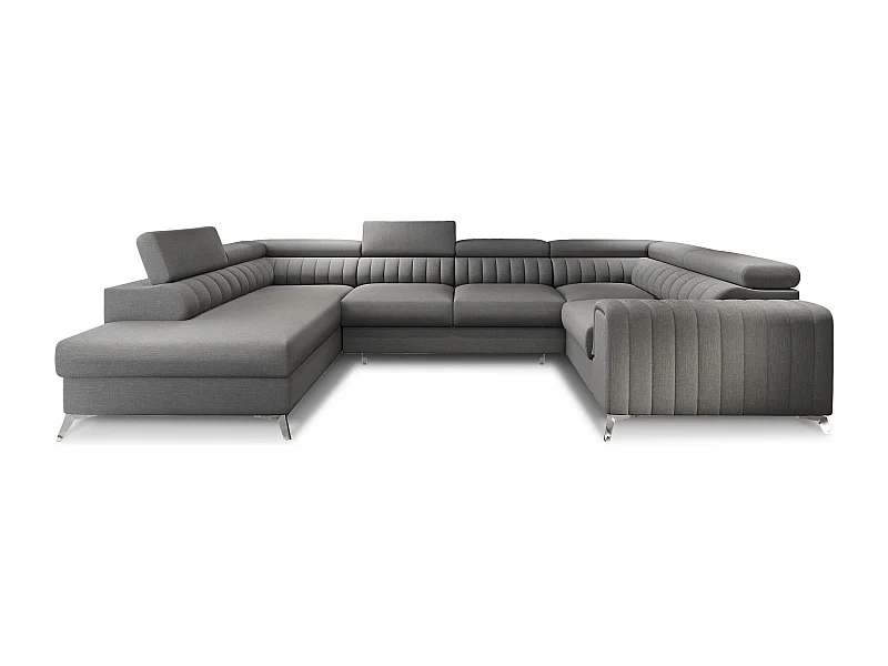 Canapé panoramique convertible LOUVE tissu - Rangement et têtières réglables-Gris foncé-Coffre à gauche