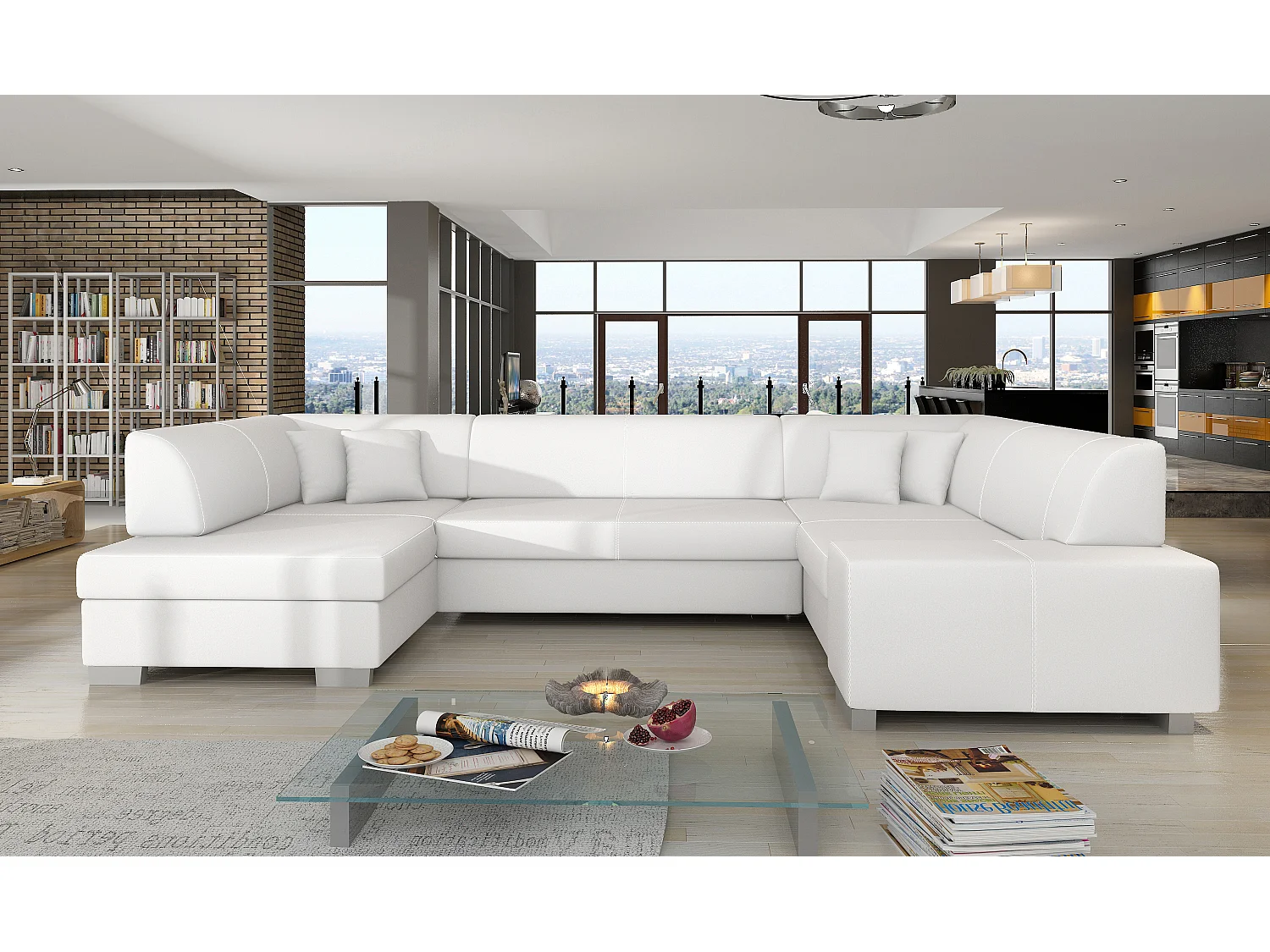 Canapé convertible panoramique simili cuir blanc avec coffre de rangement Houston 320cm-Coffre de rangement à gauche