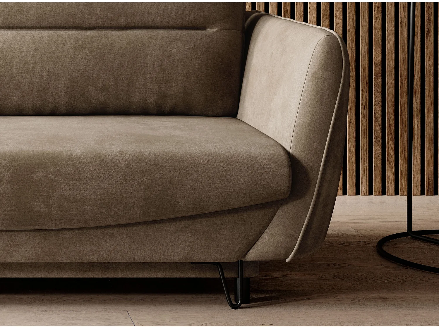 Canapé droit convertible velours ZURIK - Coffre de rangement et pieds métal noir-Beige