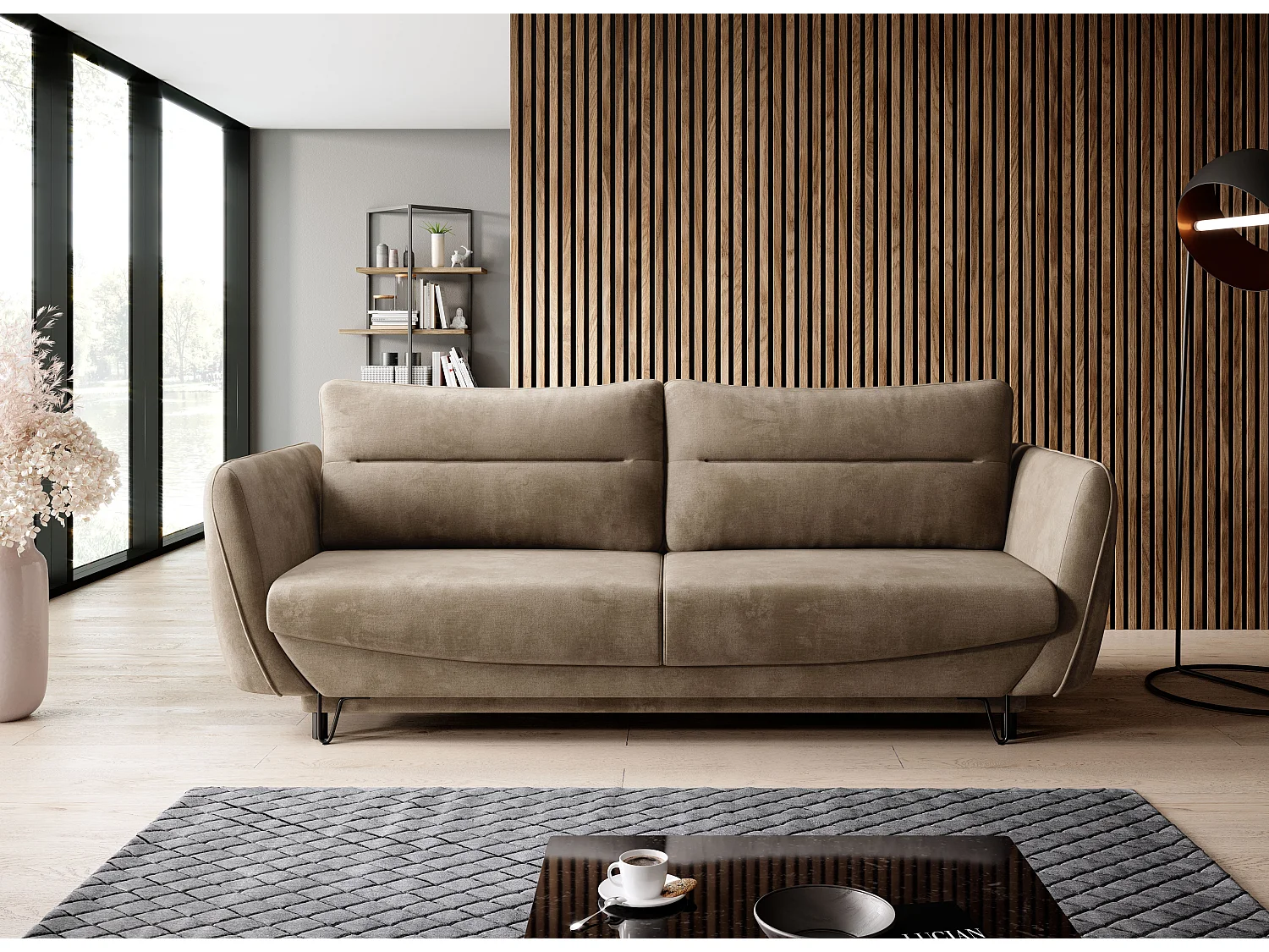 Canapé droit convertible 3 places velours ZURIK 236cm - Coffre de rangement & pieds métal noir-Beige