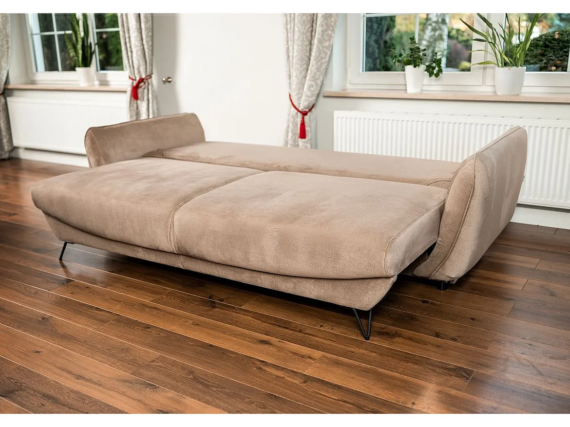 Canapé droit convertible 3 places velours ZURIK 236cm - Coffre de rangement & pieds métal noir-Beige