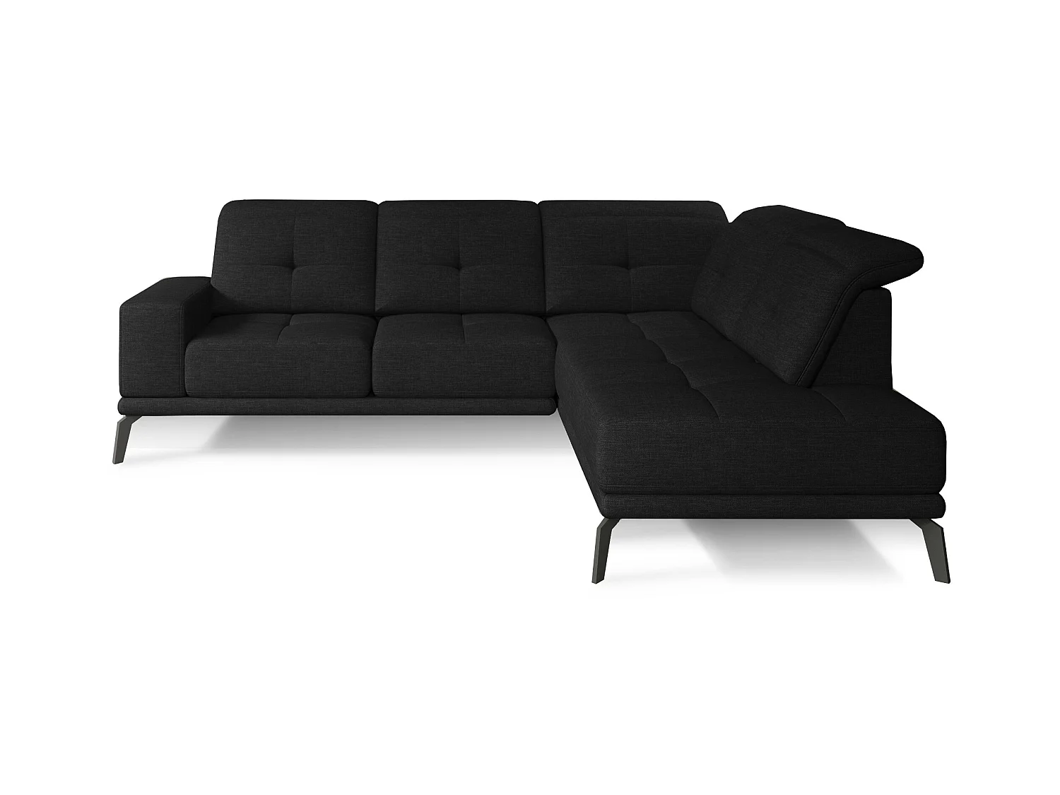 Canapé d'angle droit design matelassé tissu noir et pied noir Kazane 275cm