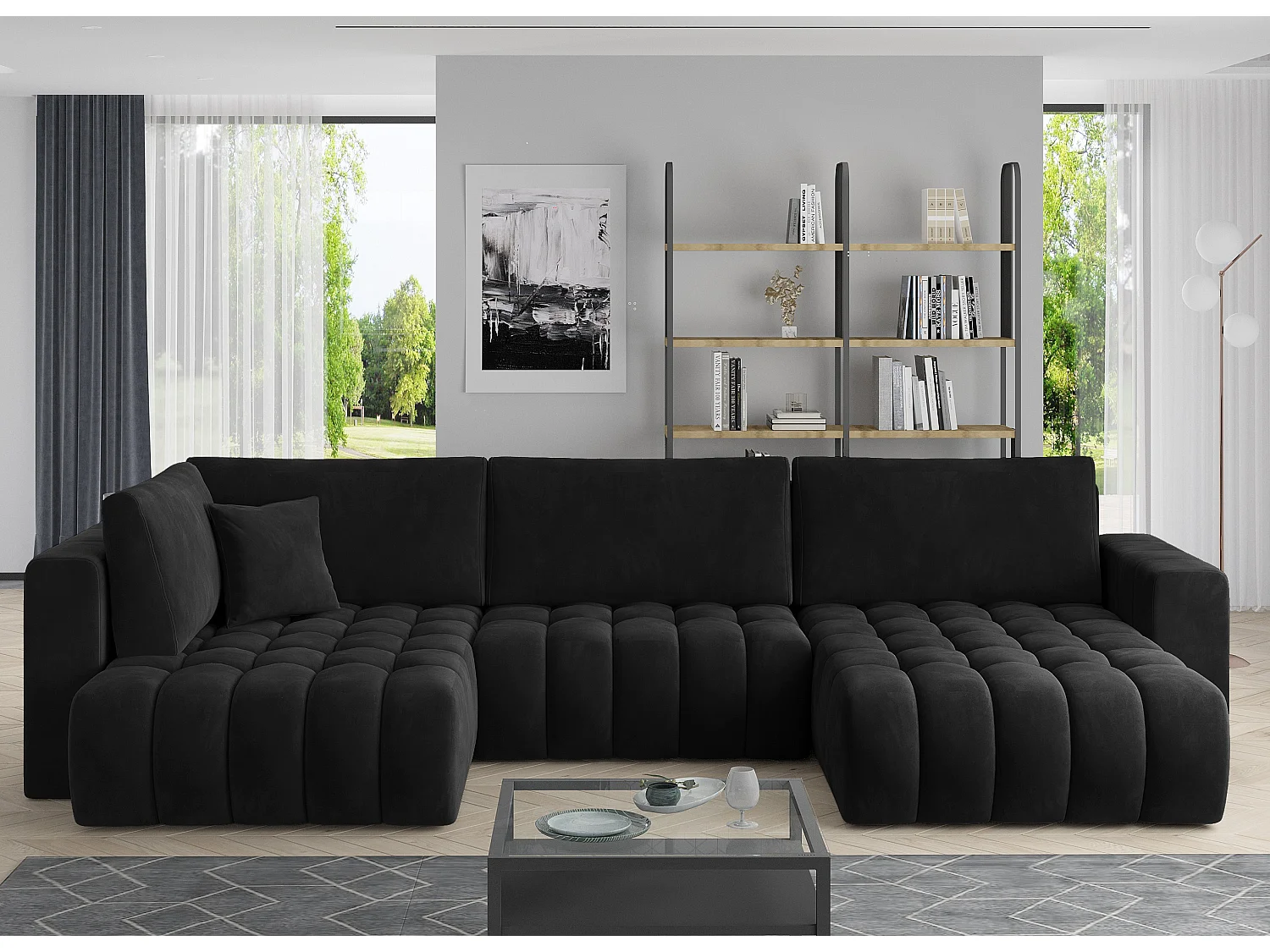 Canapé panoramique convertible design capitonné velours noir méridienne droite Boston 350cm