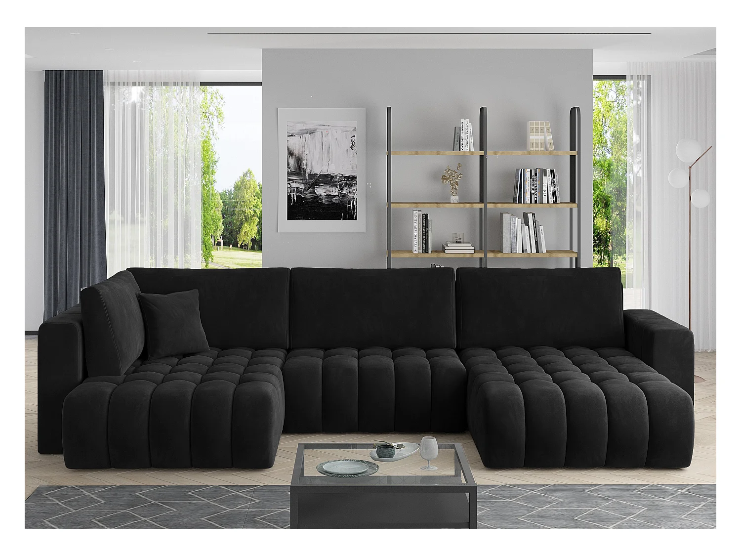 Canapé panoramique convertible design capitonné velours noir méridienne droite Boston 350cm
