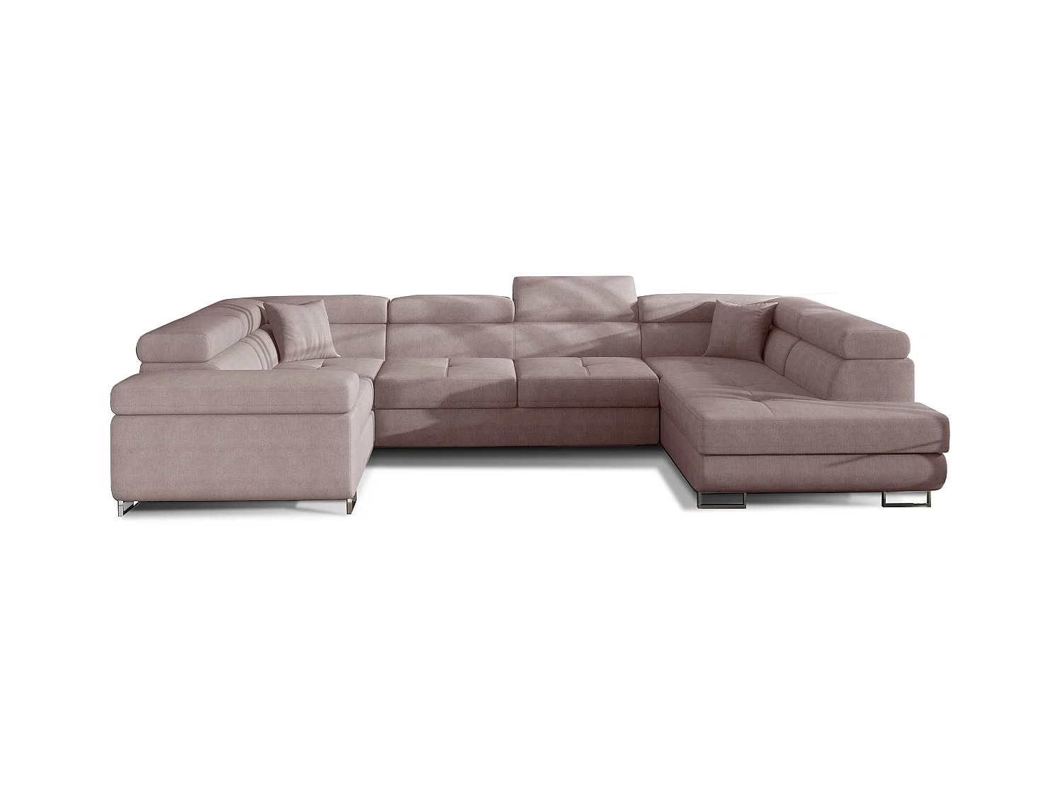 Canapé convertible U droit tissu rose clair avec coffre de rangement Tovy 340cm