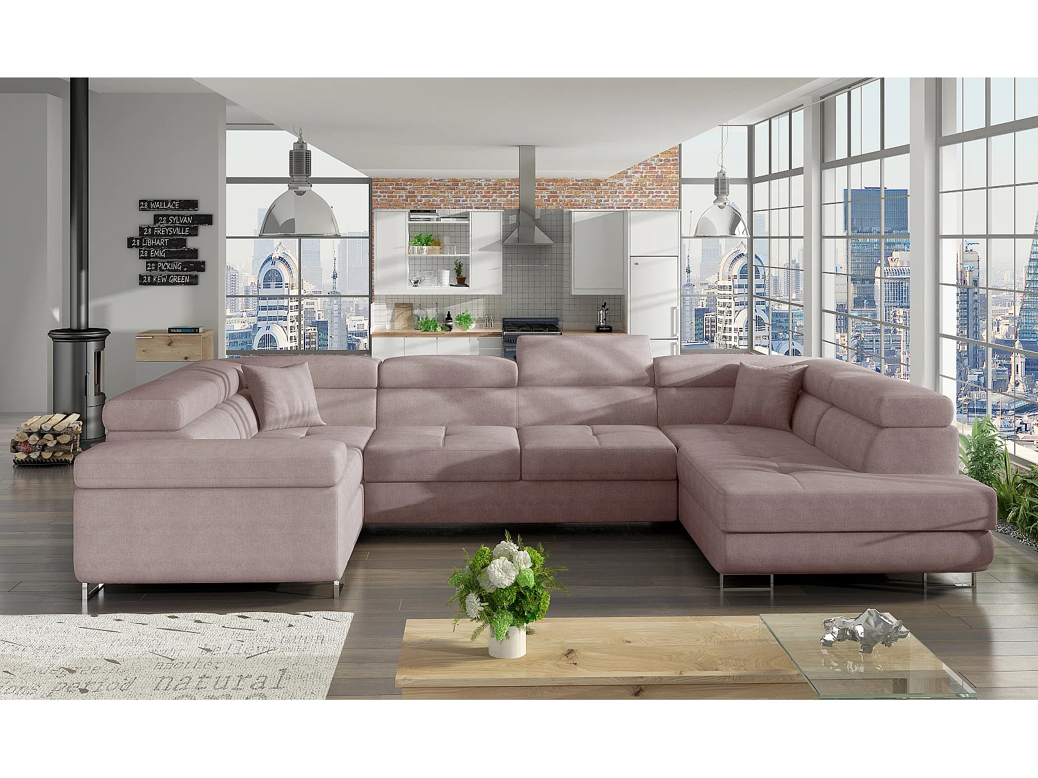 Canapé convertible U droit tissu rose clair avec coffre de rangement Tovy 340cm