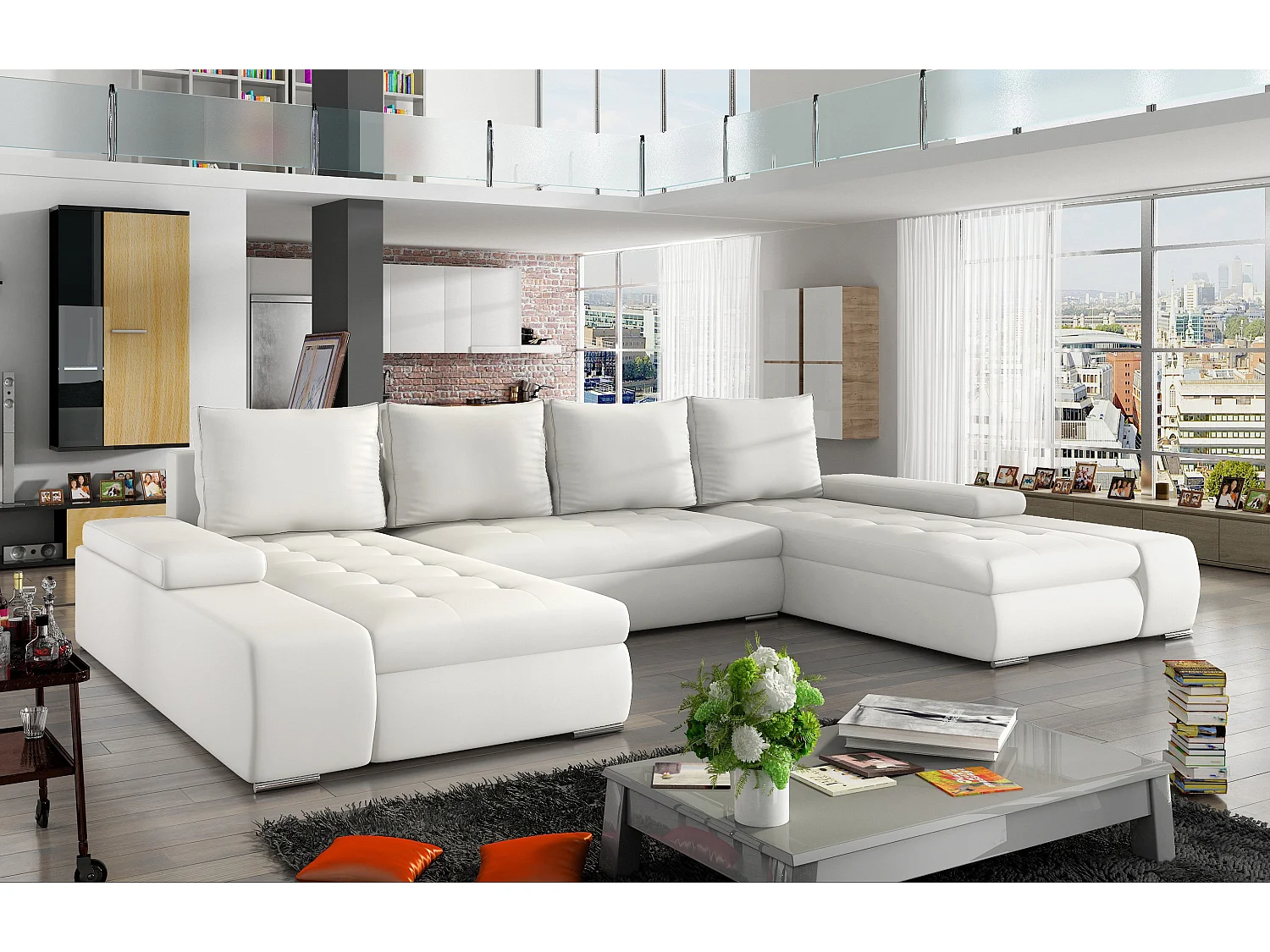 Grand canapé convertible panoramique design simili cuir blanc avec coffre de rangement Tino 363cm