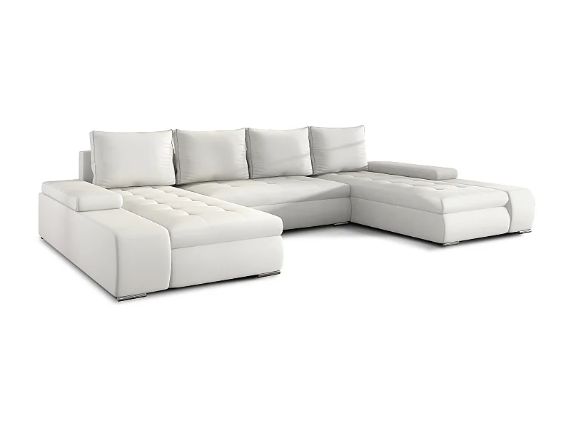 Grand canapé convertible panoramique design simili cuir blanc avec coffre de rangement Tino 363cm