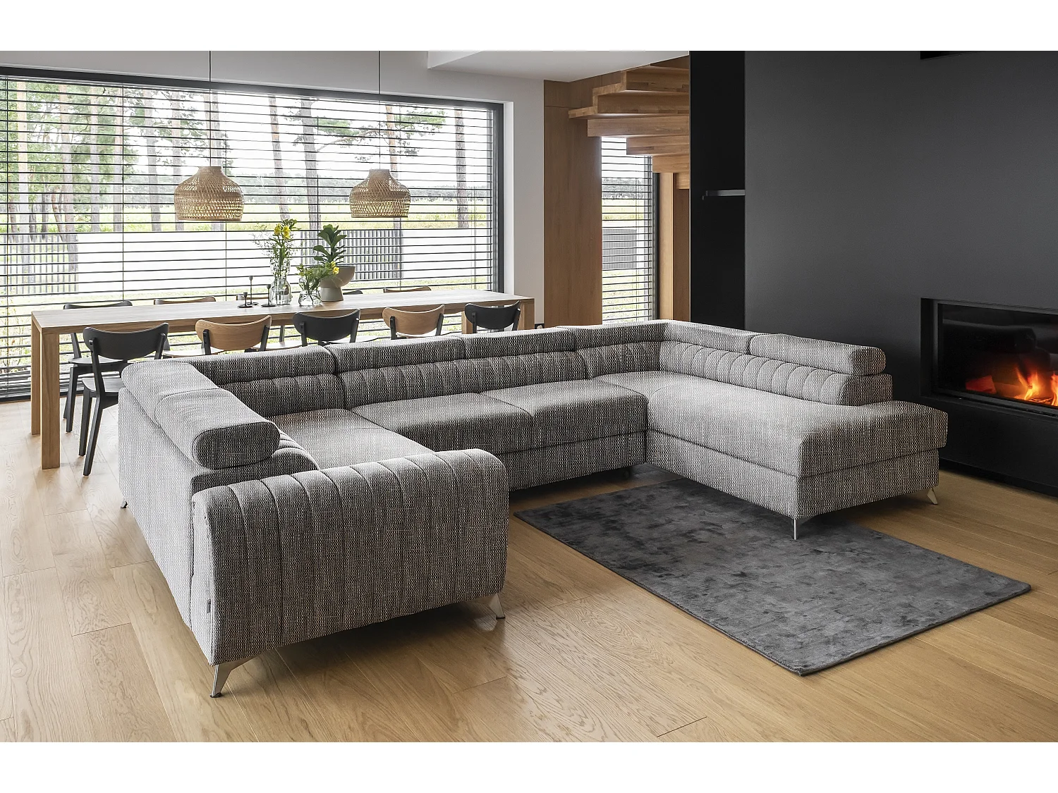 Canapé en U convertible tissu marron chiné coffre de rangement à Louve 340cm-Coffre de rangement à droite