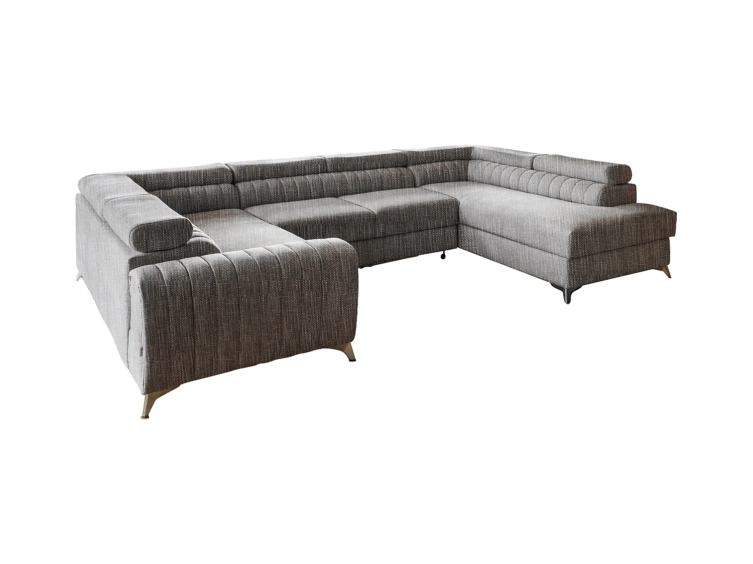 Canapé en U convertible tissu marron chiné coffre de rangement à Louve 340cm-Coffre de rangement à droite