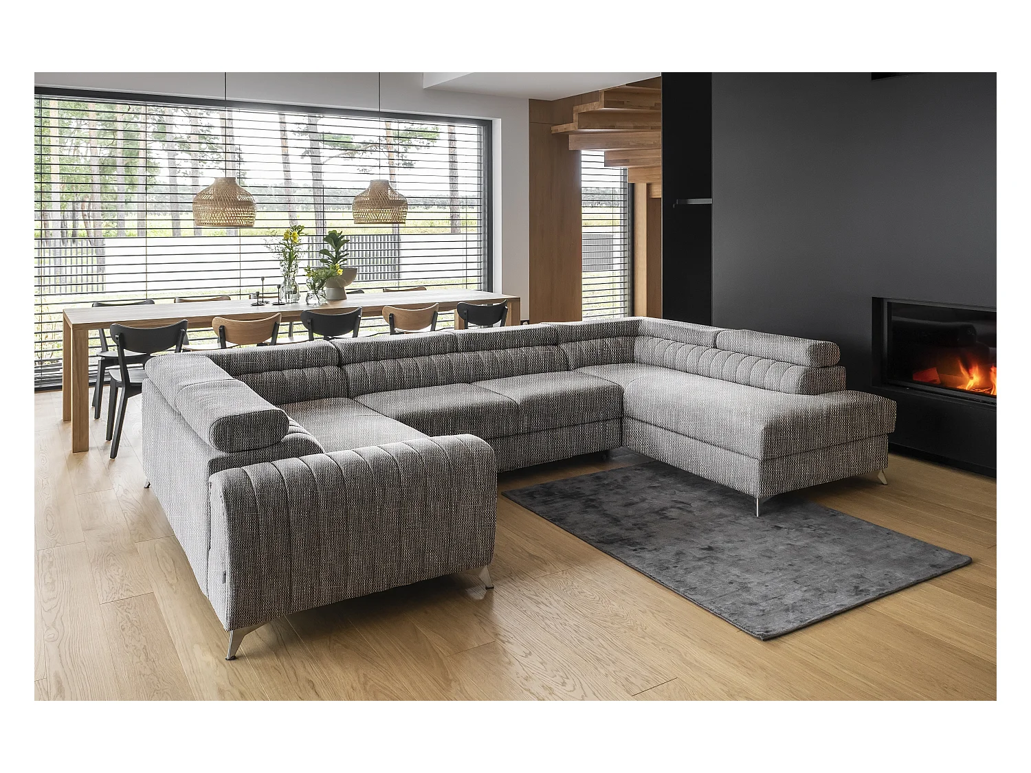 Canapé en U convertible tissu marron chiné coffre de rangement à Louve 340cm-Coffre de rangement à droite