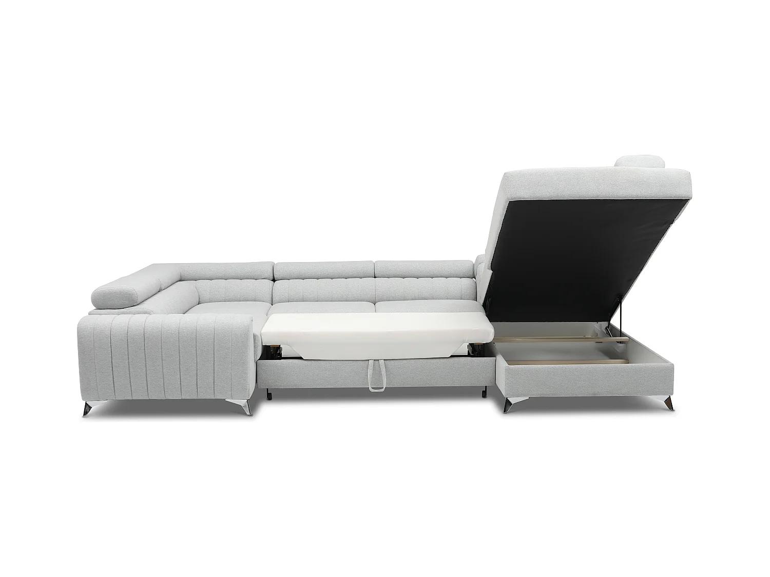 Canapé en U convertible tissu marron chiné coffre de rangement à Louve 340cm-Coffre de rangement à droite