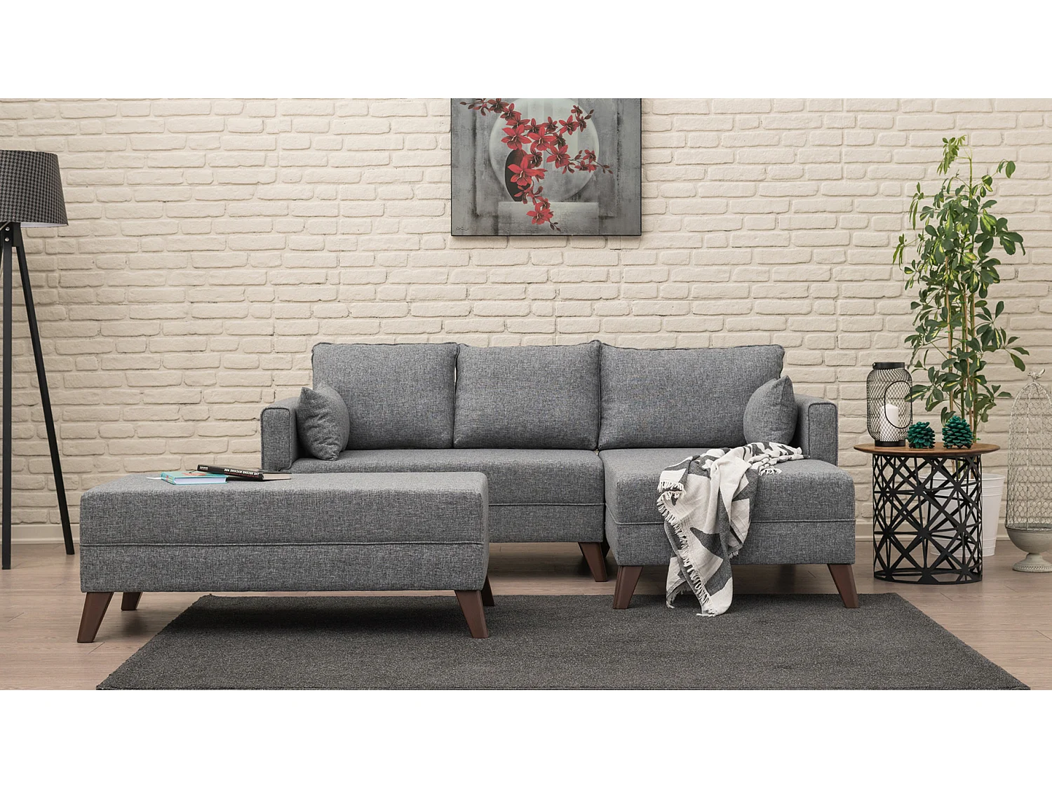 Petit canapé convertible d'angle droit avec pouf tissu gris Kandy 205cm